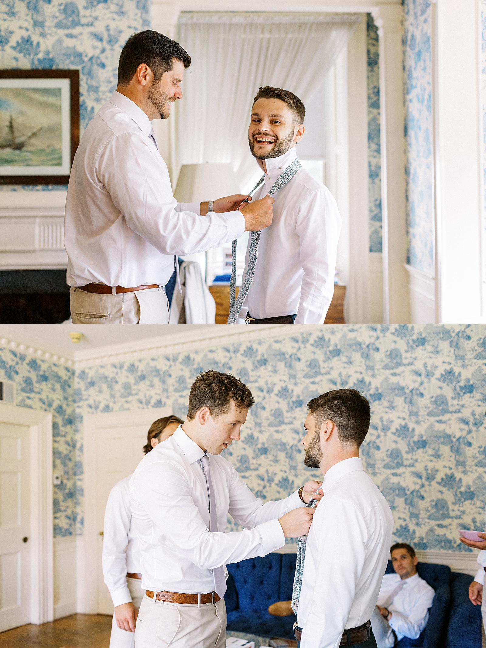Two image collage of groom getting ready at The Lyman Estate.