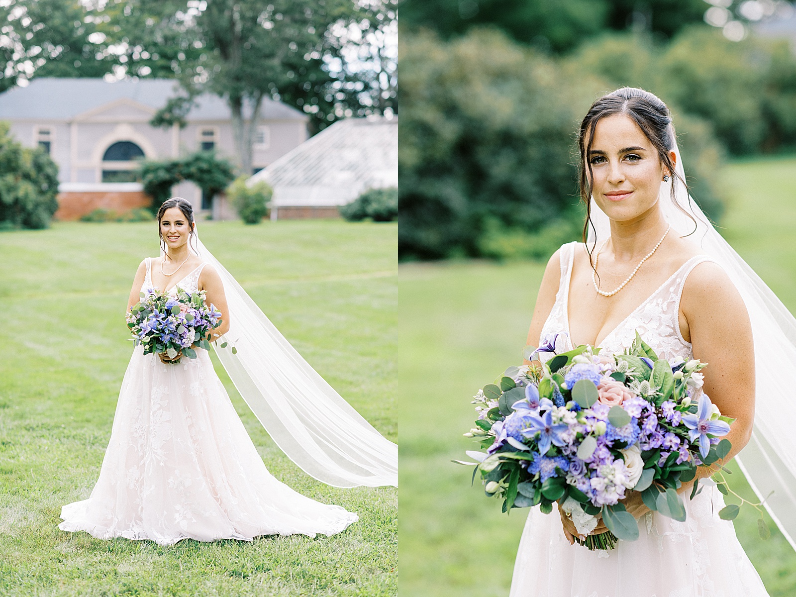 Two image collage of bridal portraits at a garden wedding at the Lyman Estate. 