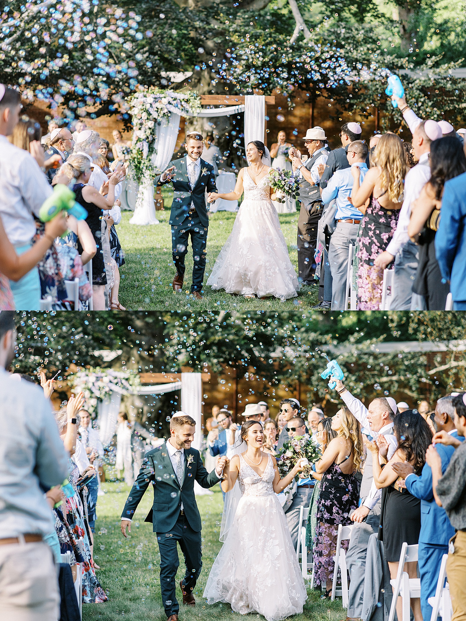 Two image collage of bride and groom walking back down the aisle with bubbles everywhere. 