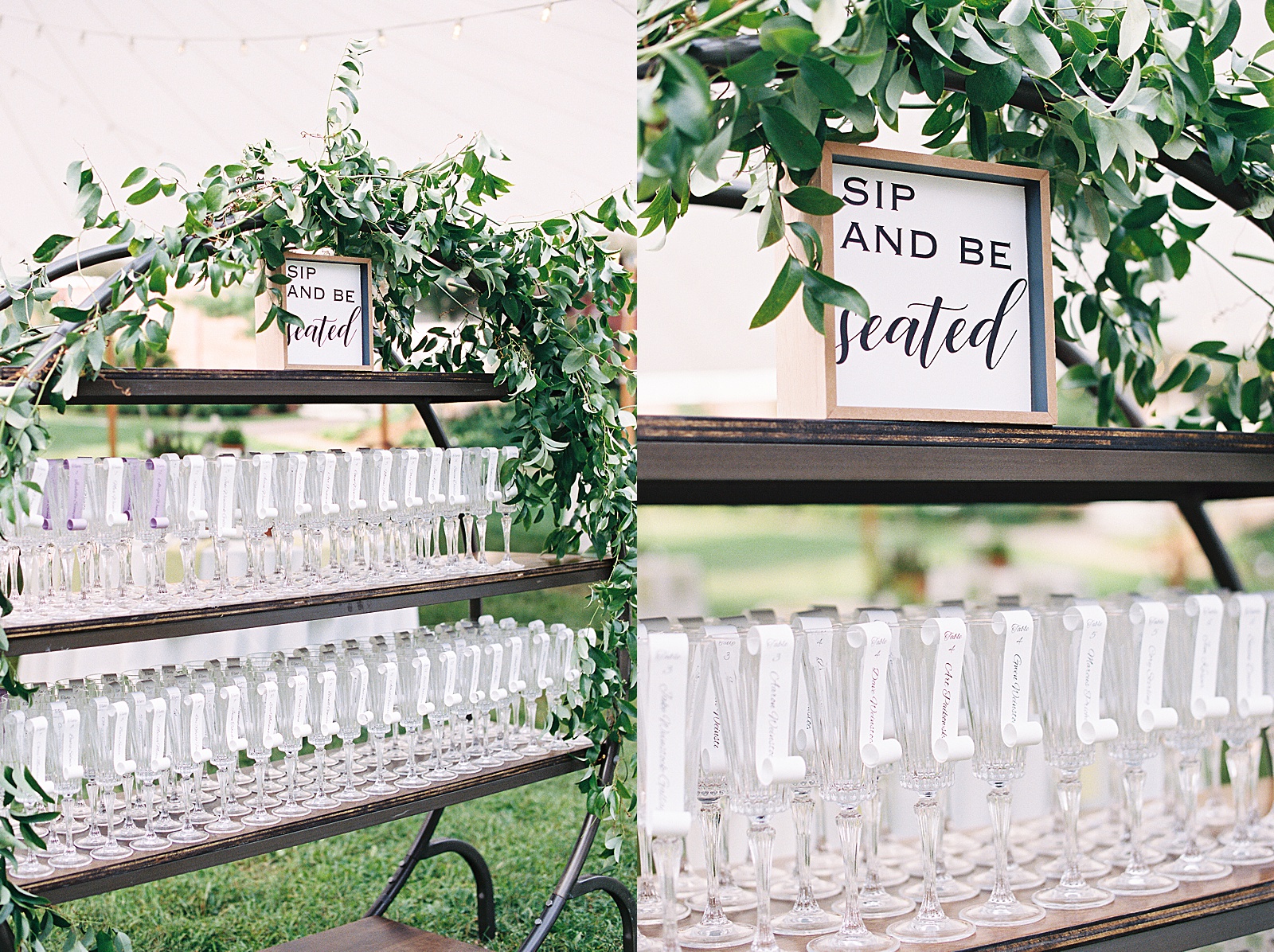 Large wedding decoration carrying glasses for an outdoor tented reception at a garden wedding. 