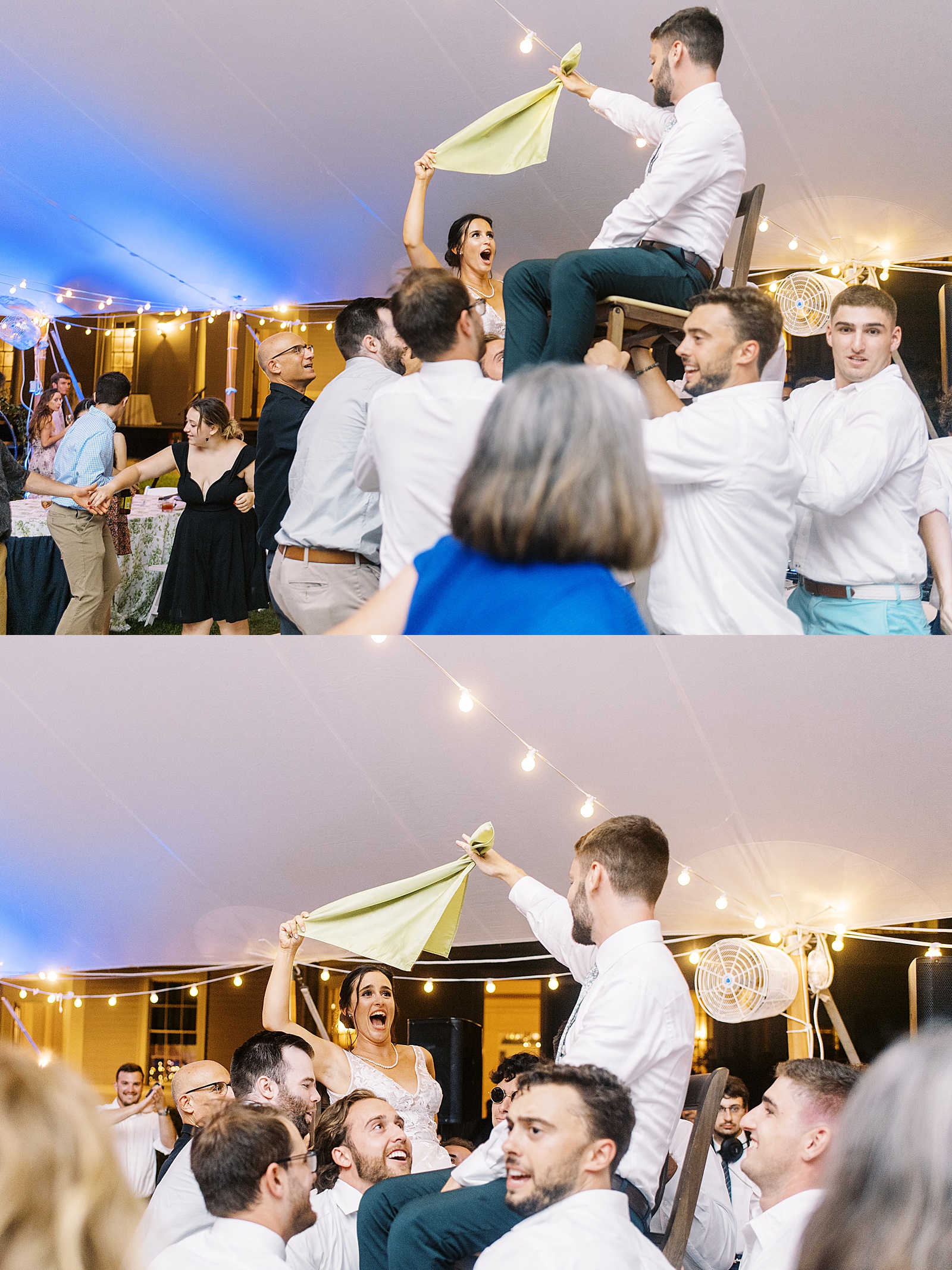 Bride and groom lifted in the air in chairs on the dance floor. 