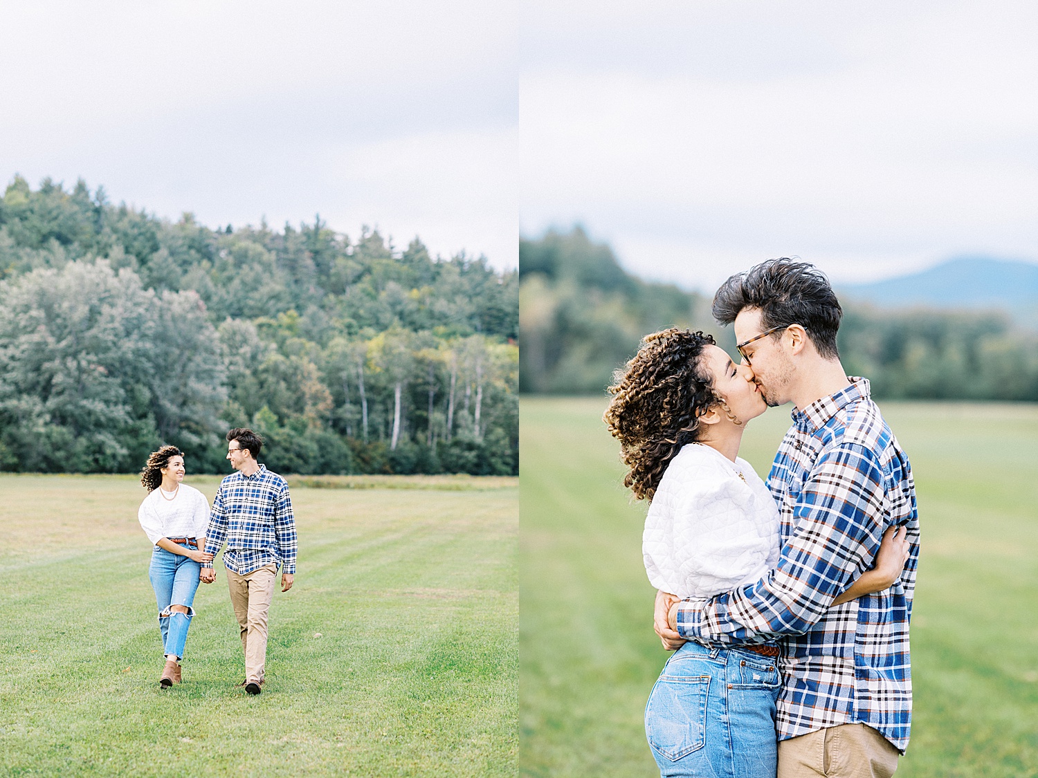Man and woman walking across a field with thick trees in the background for their anniversary session. 
