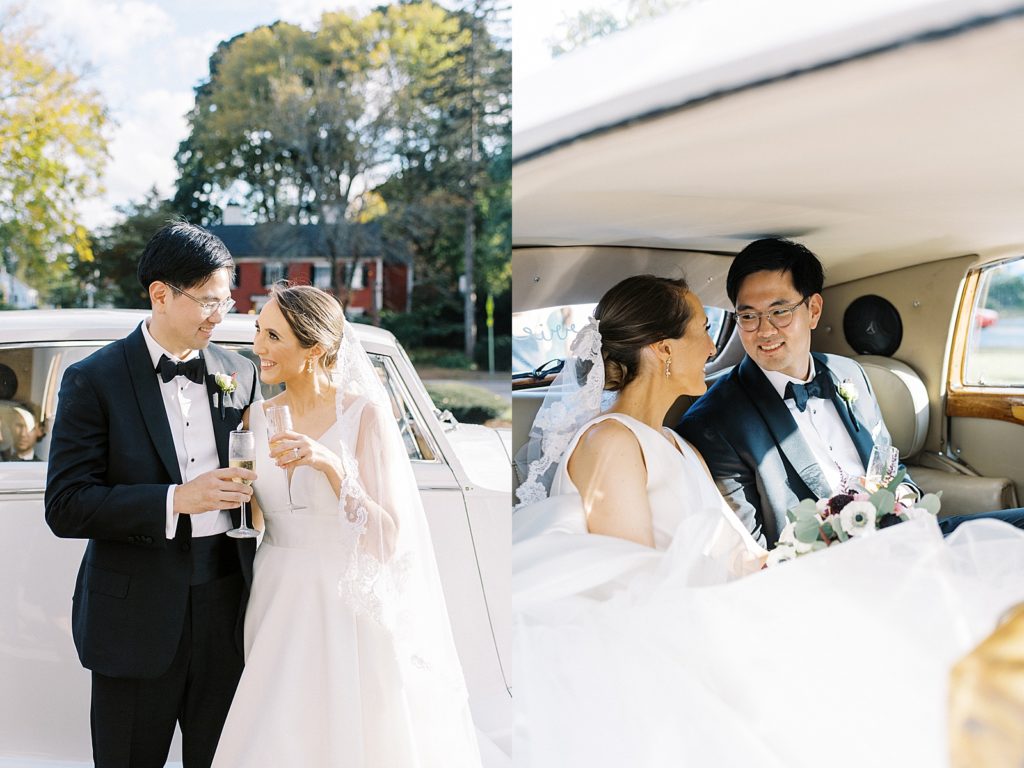 Newlyweds sharing champagne in the back of an old car after their wedding ceremony in Lexington. 