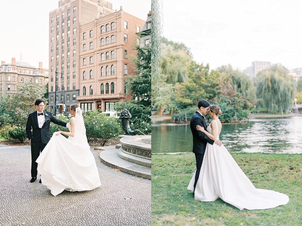 Bride and groom embracing in front of a garden pond in Boston, MA.