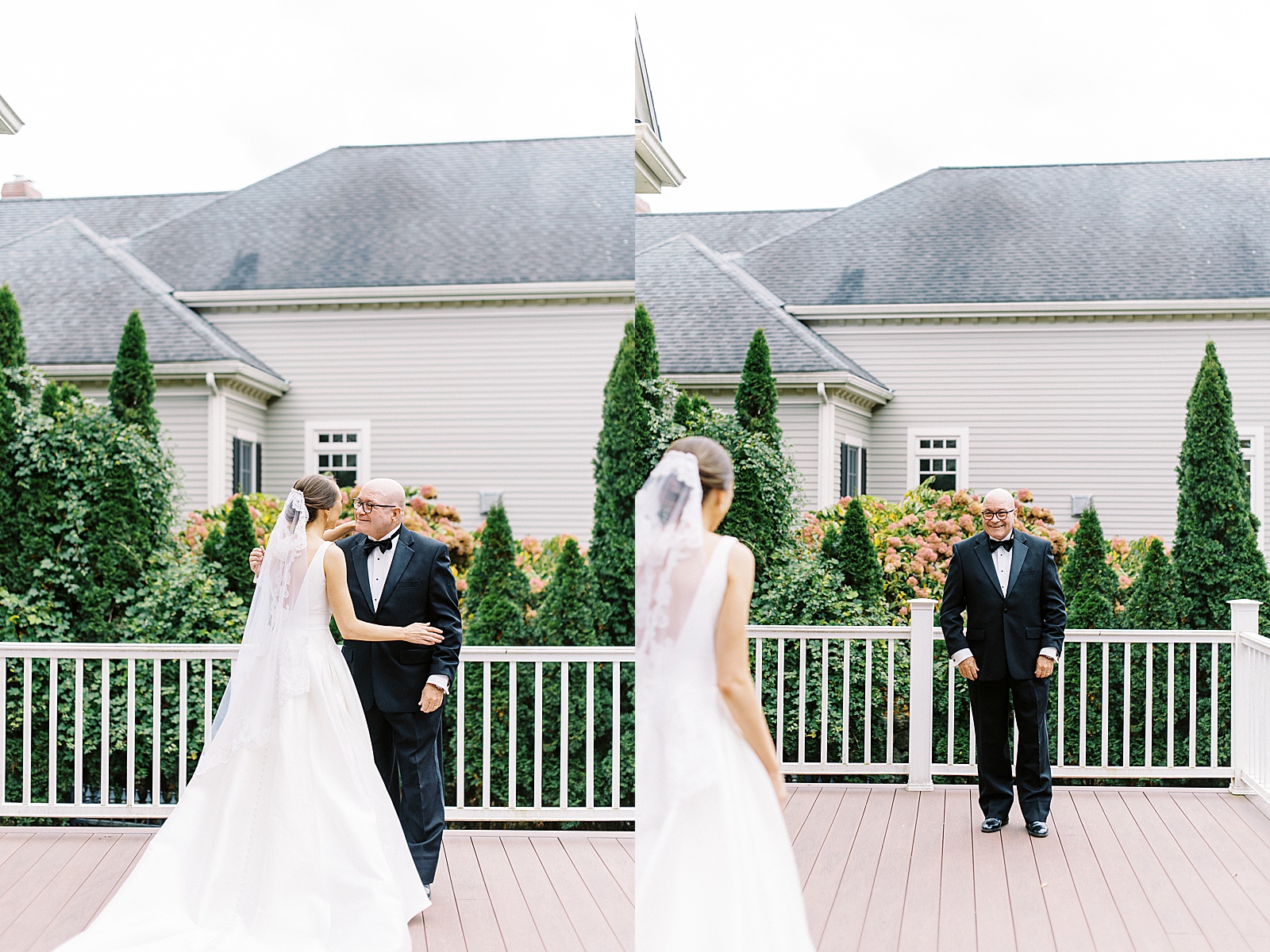 Bride approaching her father on a house balcony for a first look before her Boston wedding.