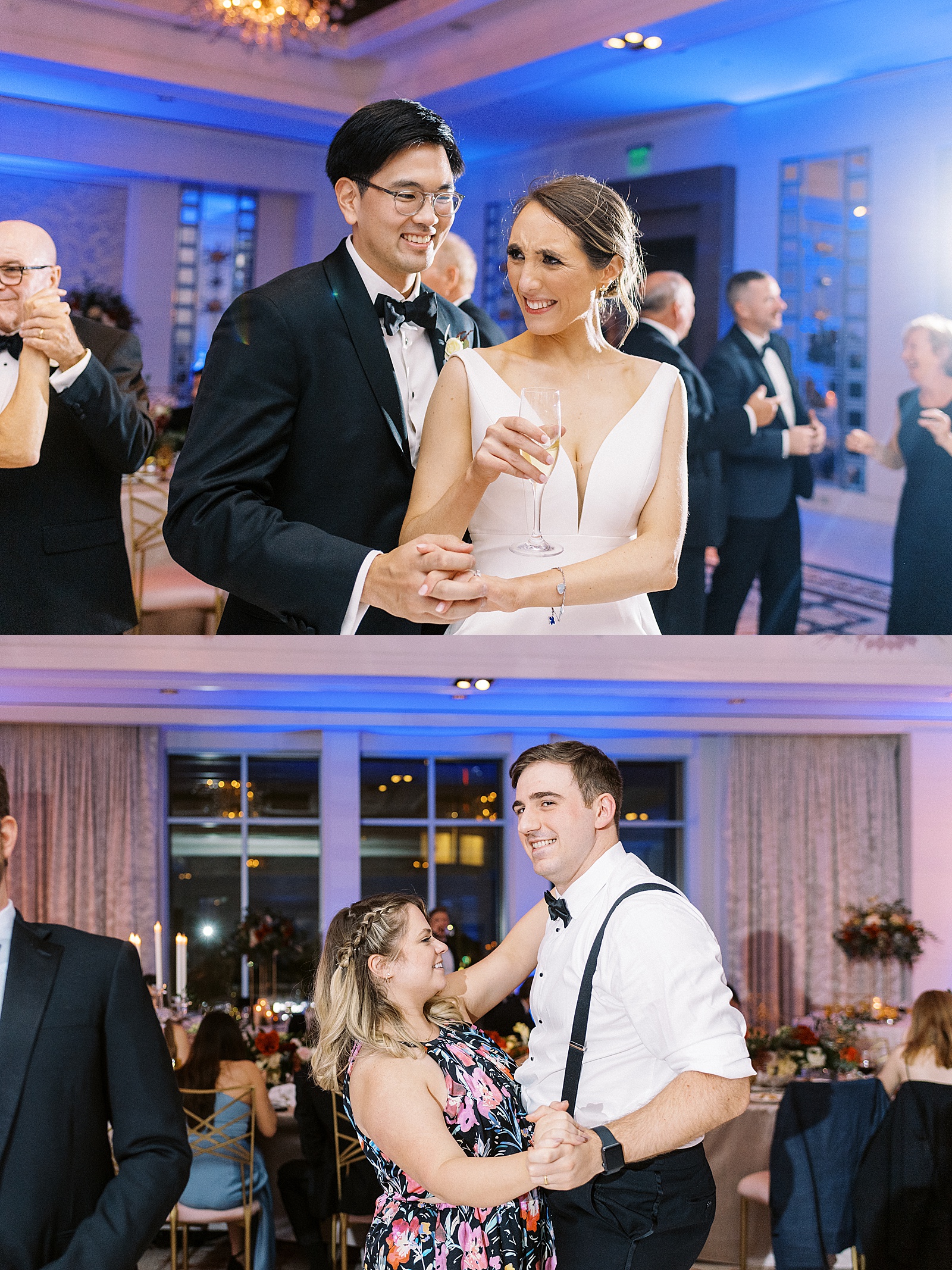 Guests dancing at a large wedding reception at a Mandarin Boston Wedding by photographer Lynne Reznick. 