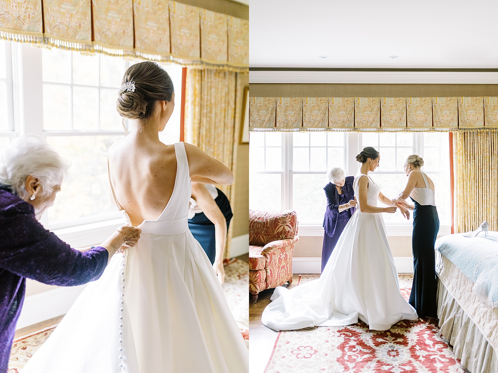 Bride getting her dress zipped by her grandmother in front of large windows at Boston wedding. 