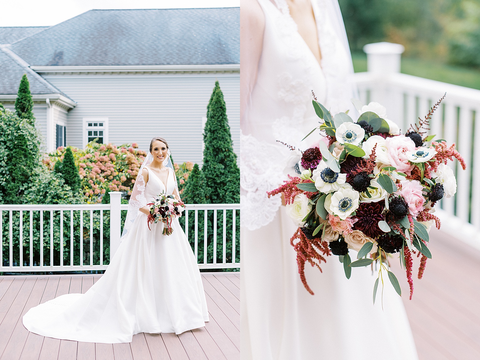 Bride standing on a balcony in Boston with white and maroon bouquet. 
