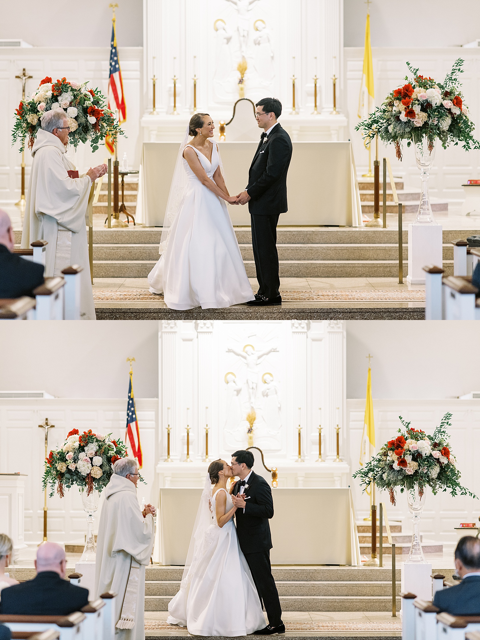 Bride and groom sharing a first kiss at the alter at their wedding in a church in Lexington.