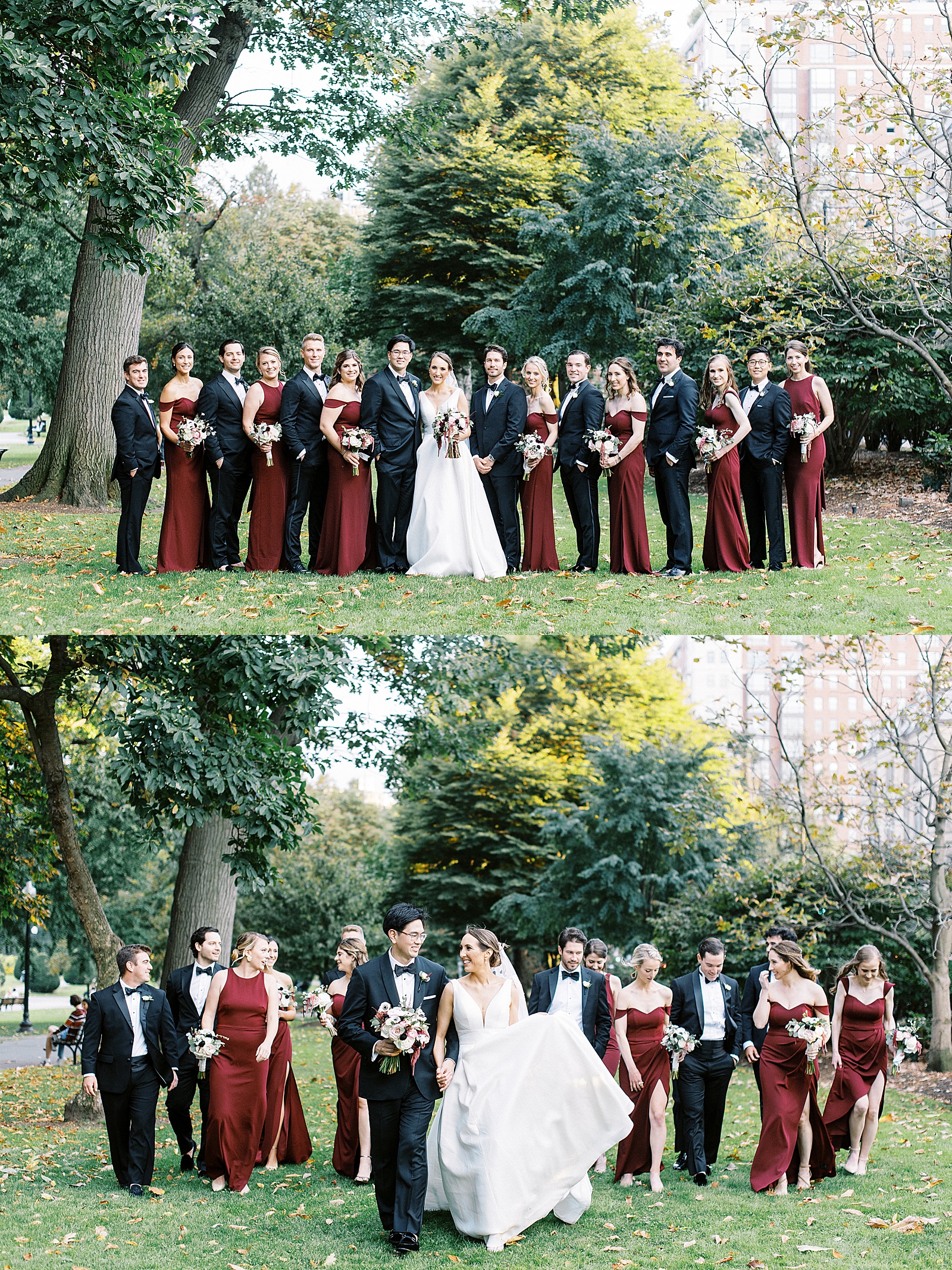 Large wedding party wearing black suits and dark red dresses standing in a garden for their formal portraits at a wedding. 