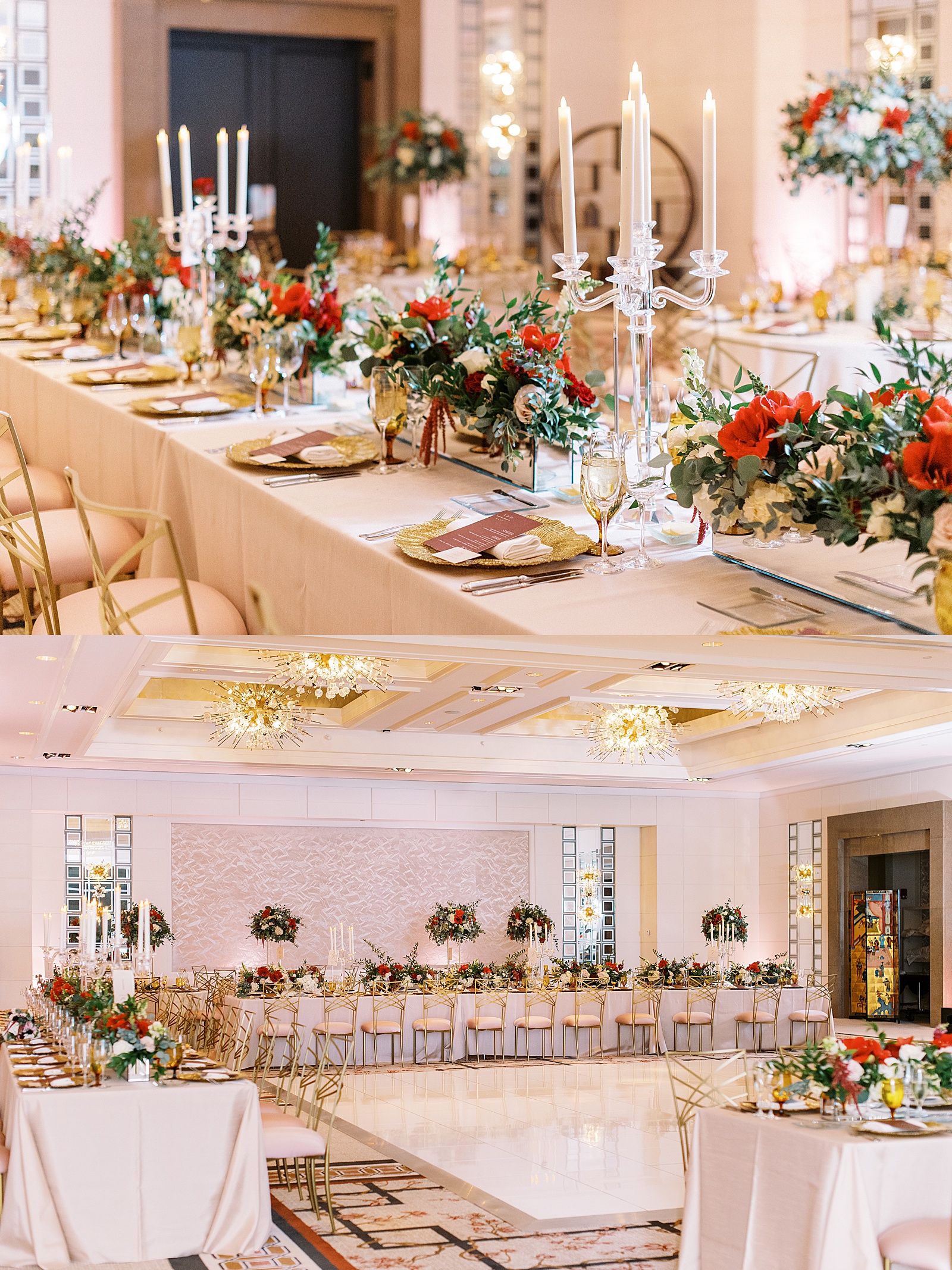 A large wedding reception set up for a Mandarin Boston Wedding with red and gold accents.