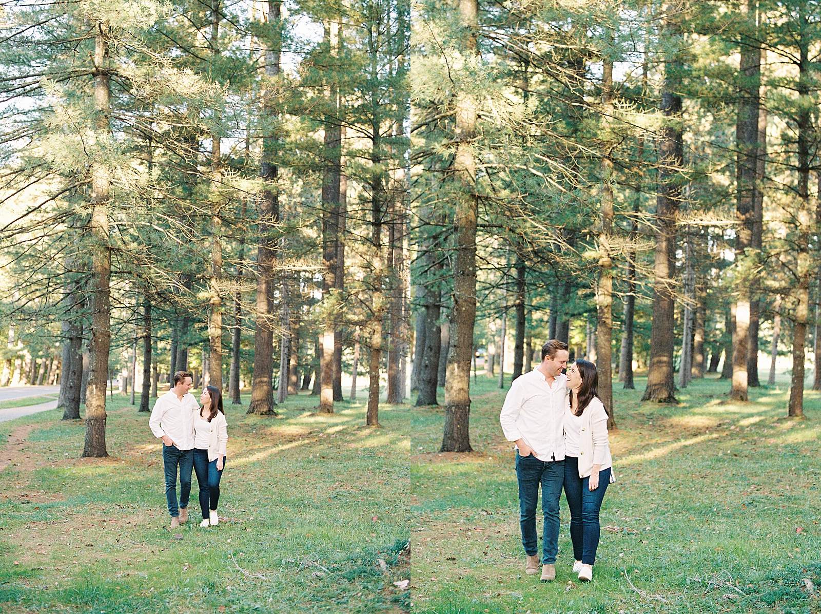 Couple in white and denim walking in the woods for their NY photo session. 