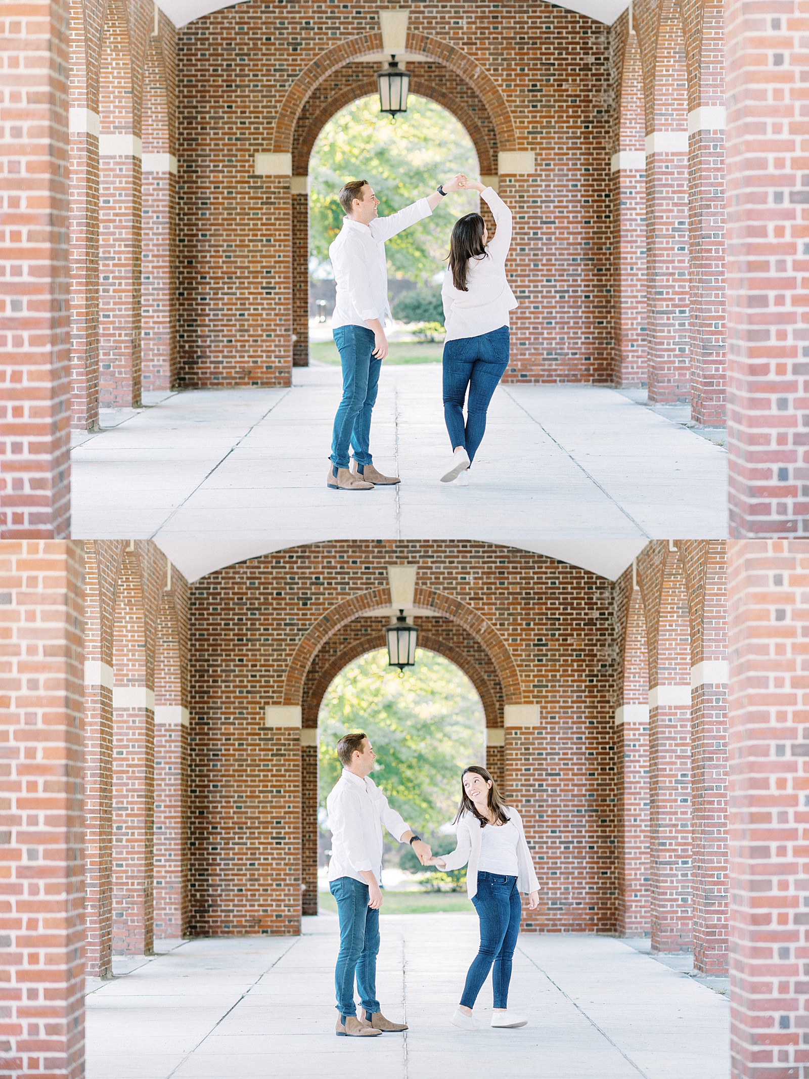 Man spinning woman around for their Saratoga Springs Engagement session 