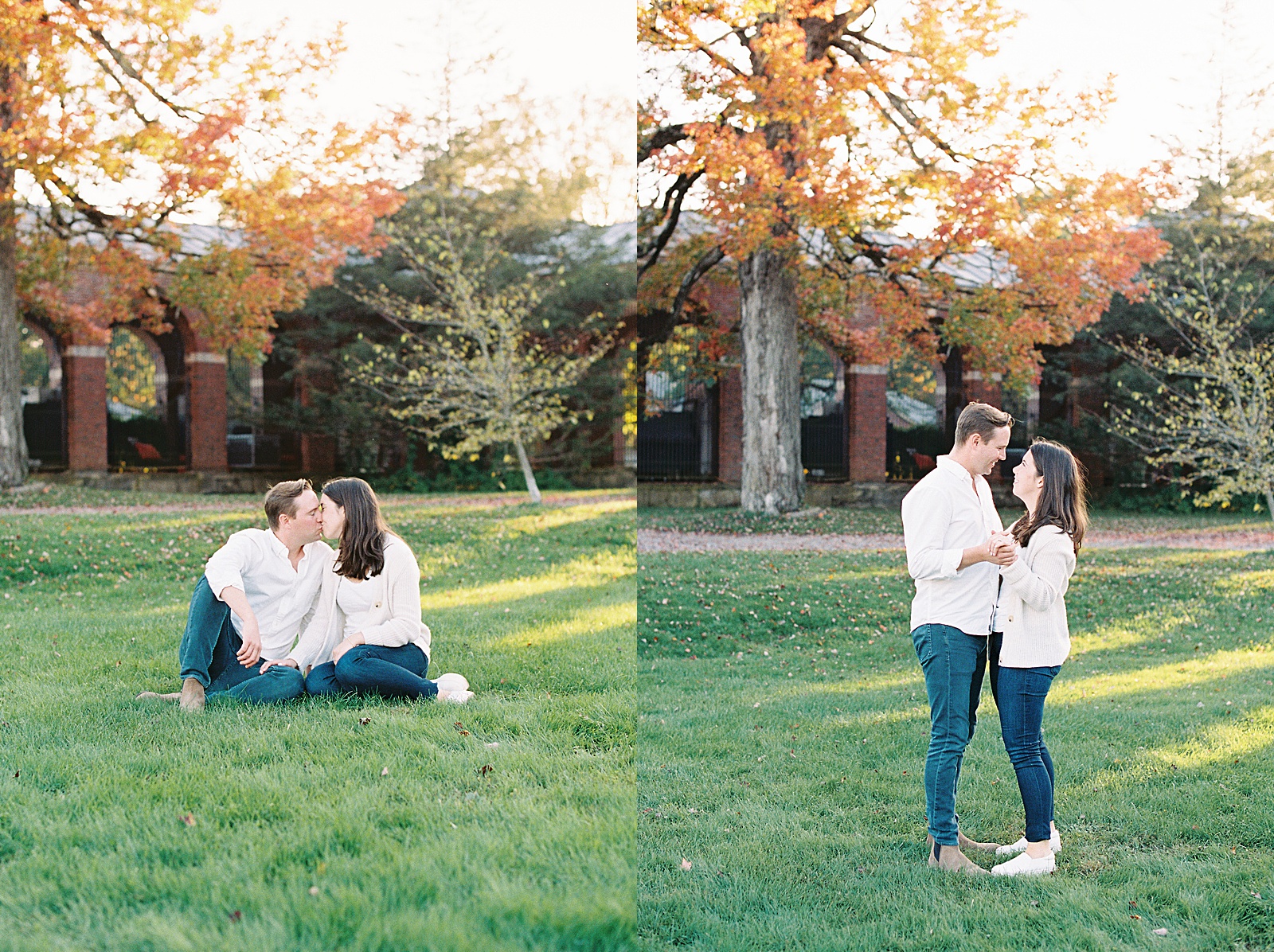 Man and woman kissing in the park in front of Fall foliage for Saratoga Springs Engagement photo session