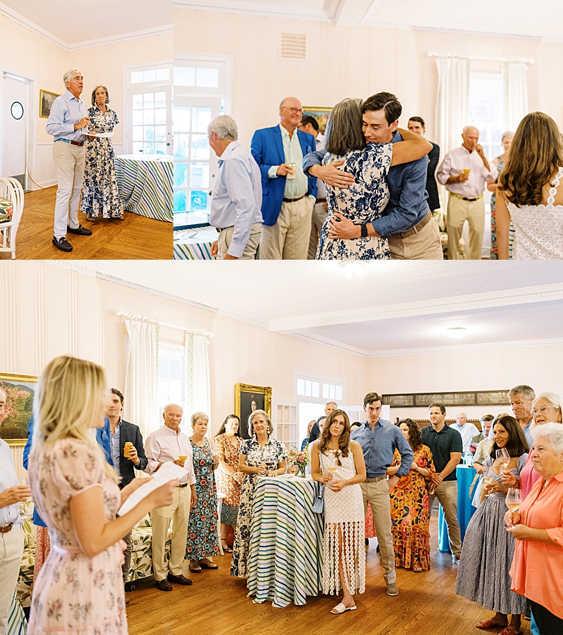 mother and father give toast for engaged couple at rehearsal dinner photography event