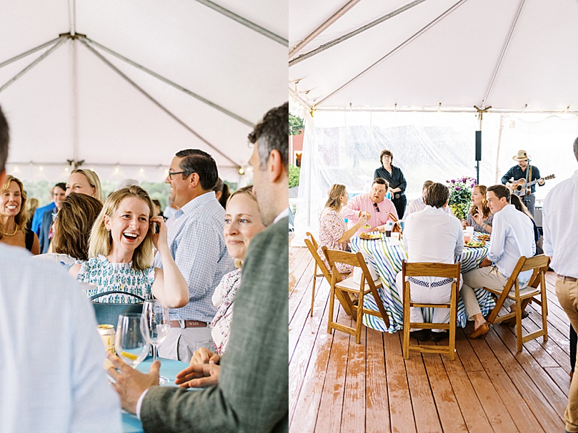 guests laughing and drinking at pre-wedding event by Boston wedding photographer