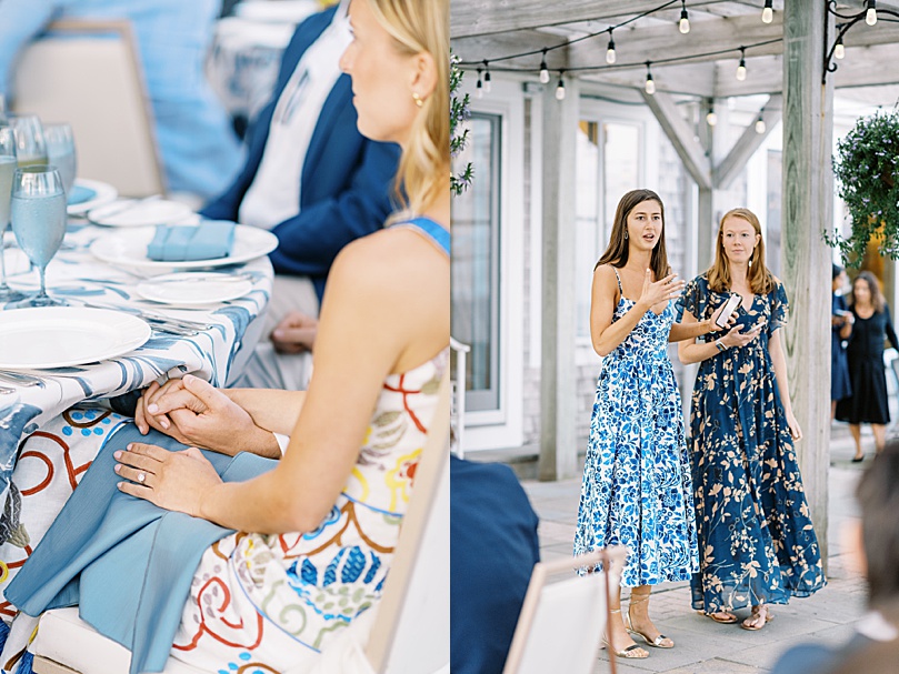 couple holds hands during toasts at their event by Boston wedding photographer