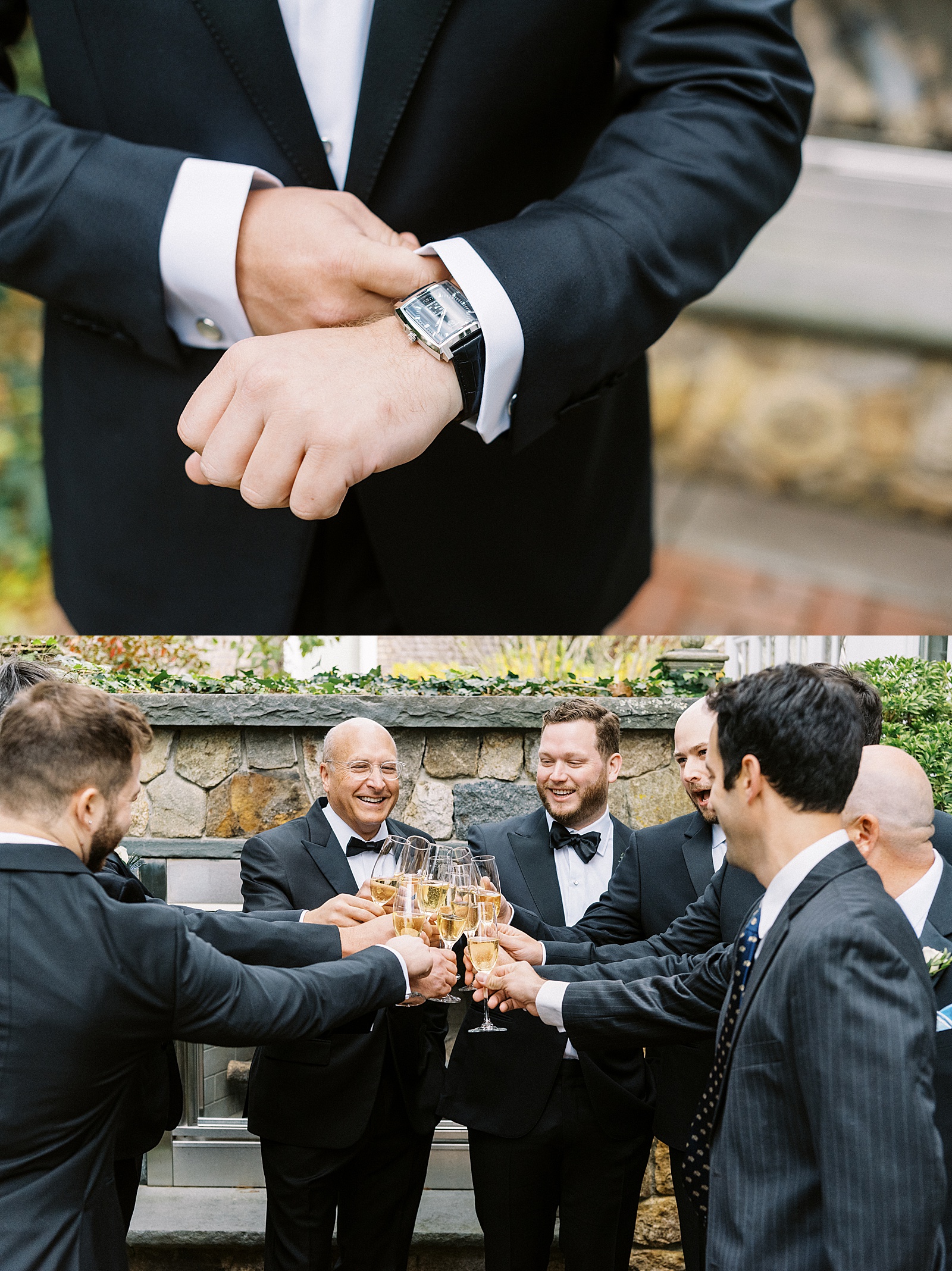 Groomsmen and groom toasting on a patio in Cape Cod