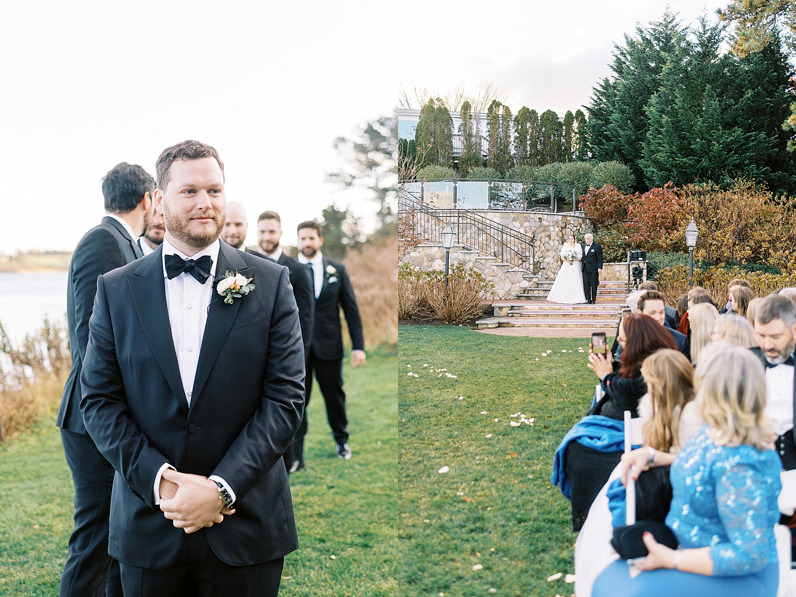 Groom watching his bride walk down the aisle at outdoor ceremony 