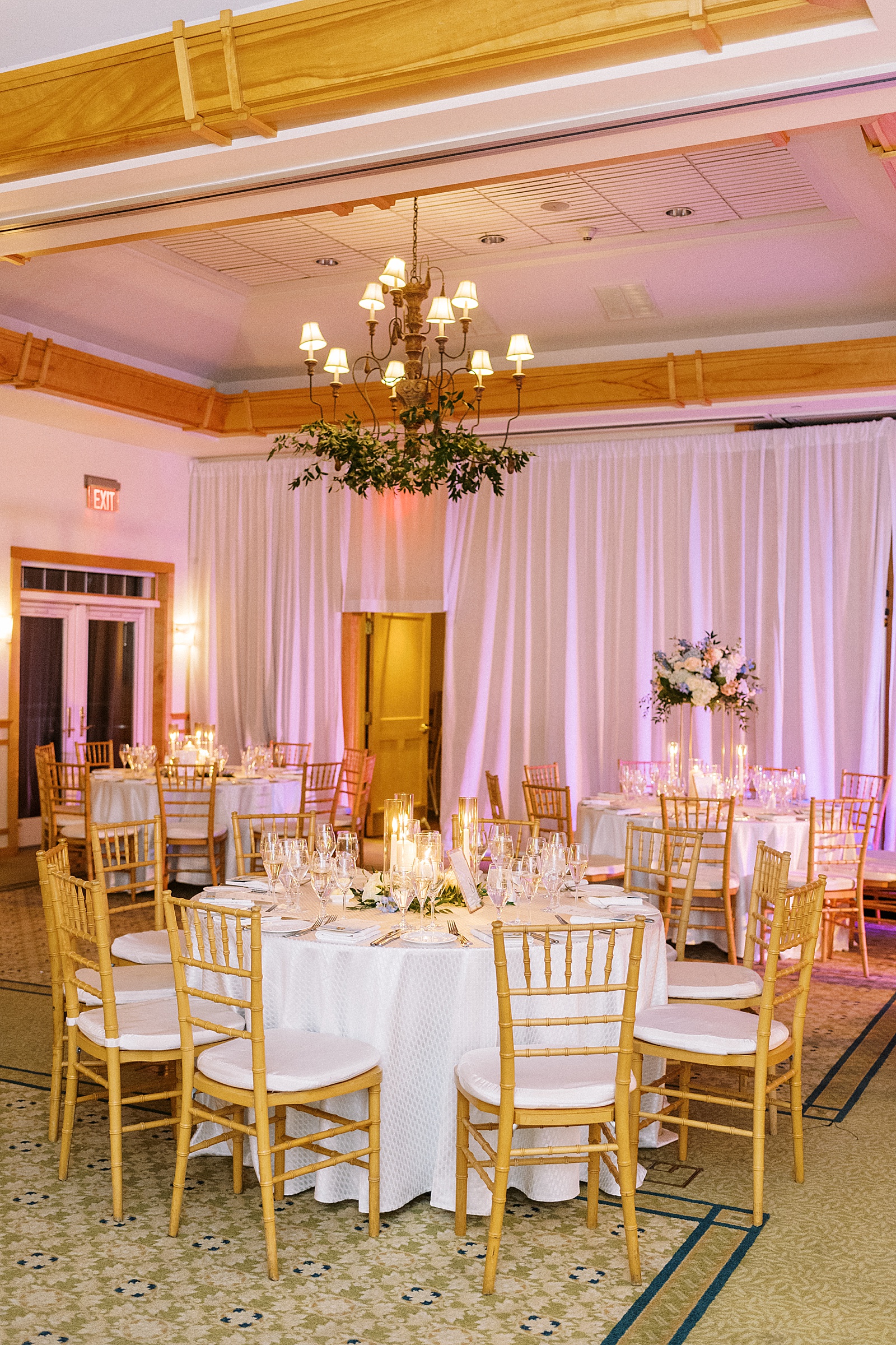 Reception set up with gold accents at Wequassett Resort in cape cod