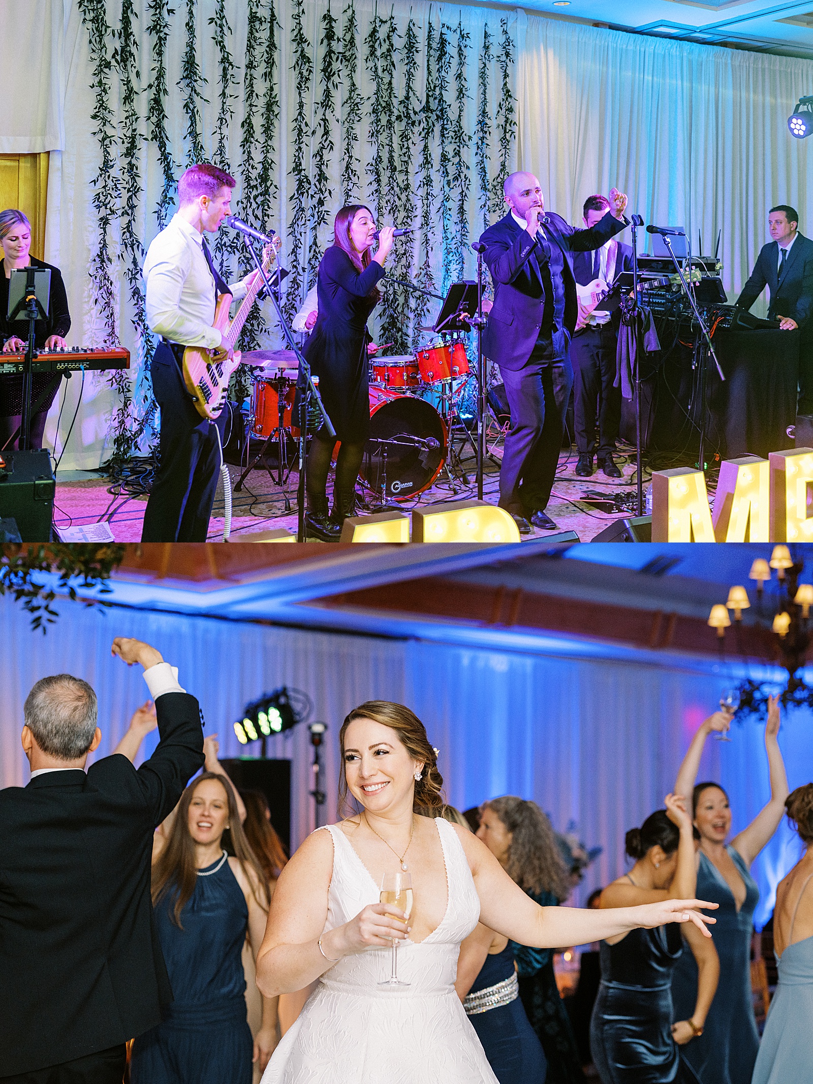 Band singing and playing music at a fun wedding reception in Cape cod