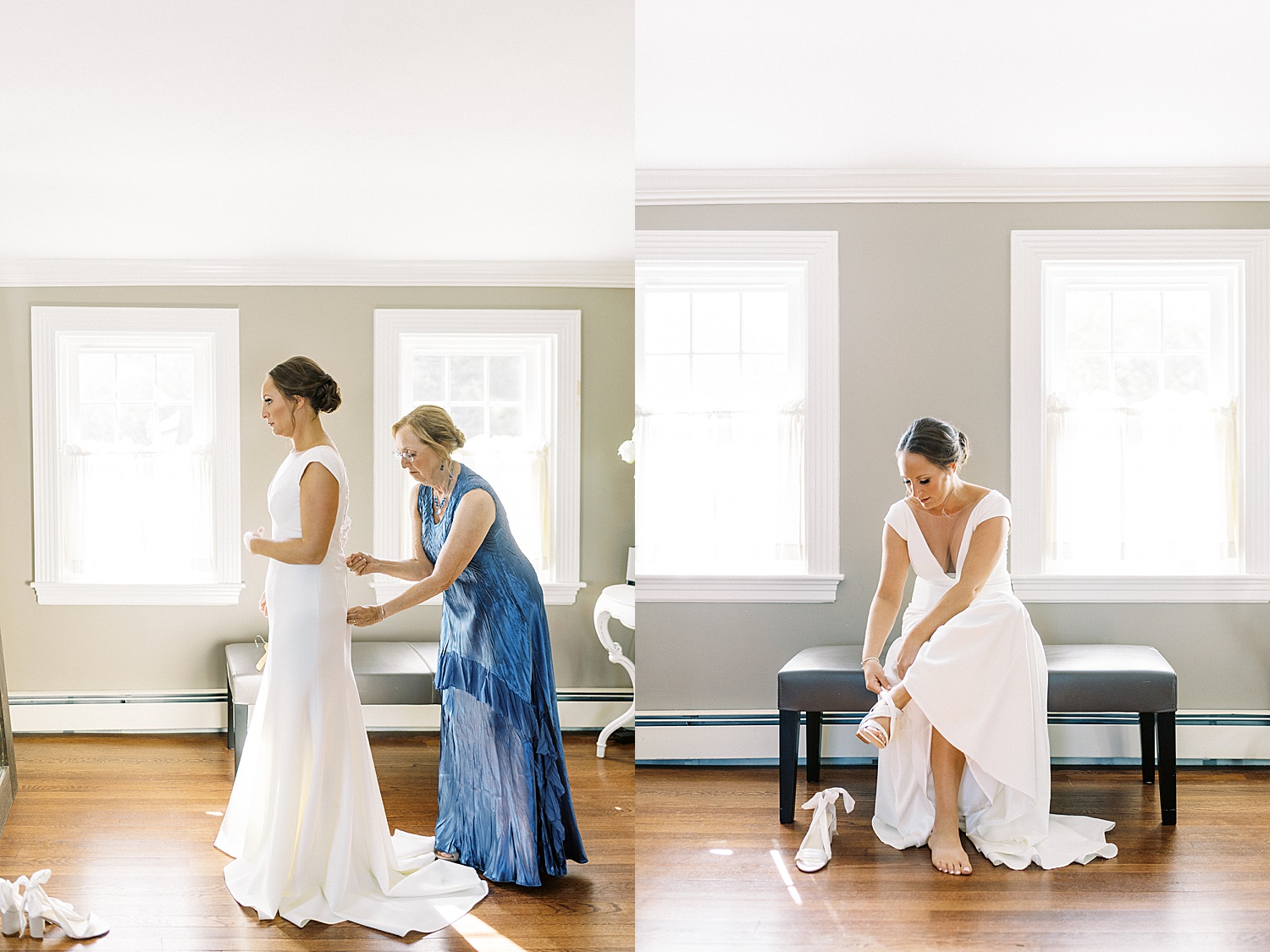 Bride getting her shoes on by Cape Cod wedding photographer Lynne Reznick