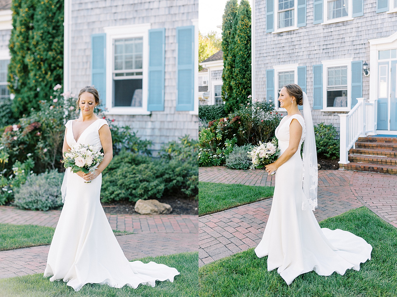 Bride standing on lawn in front of a house with blue shutters 