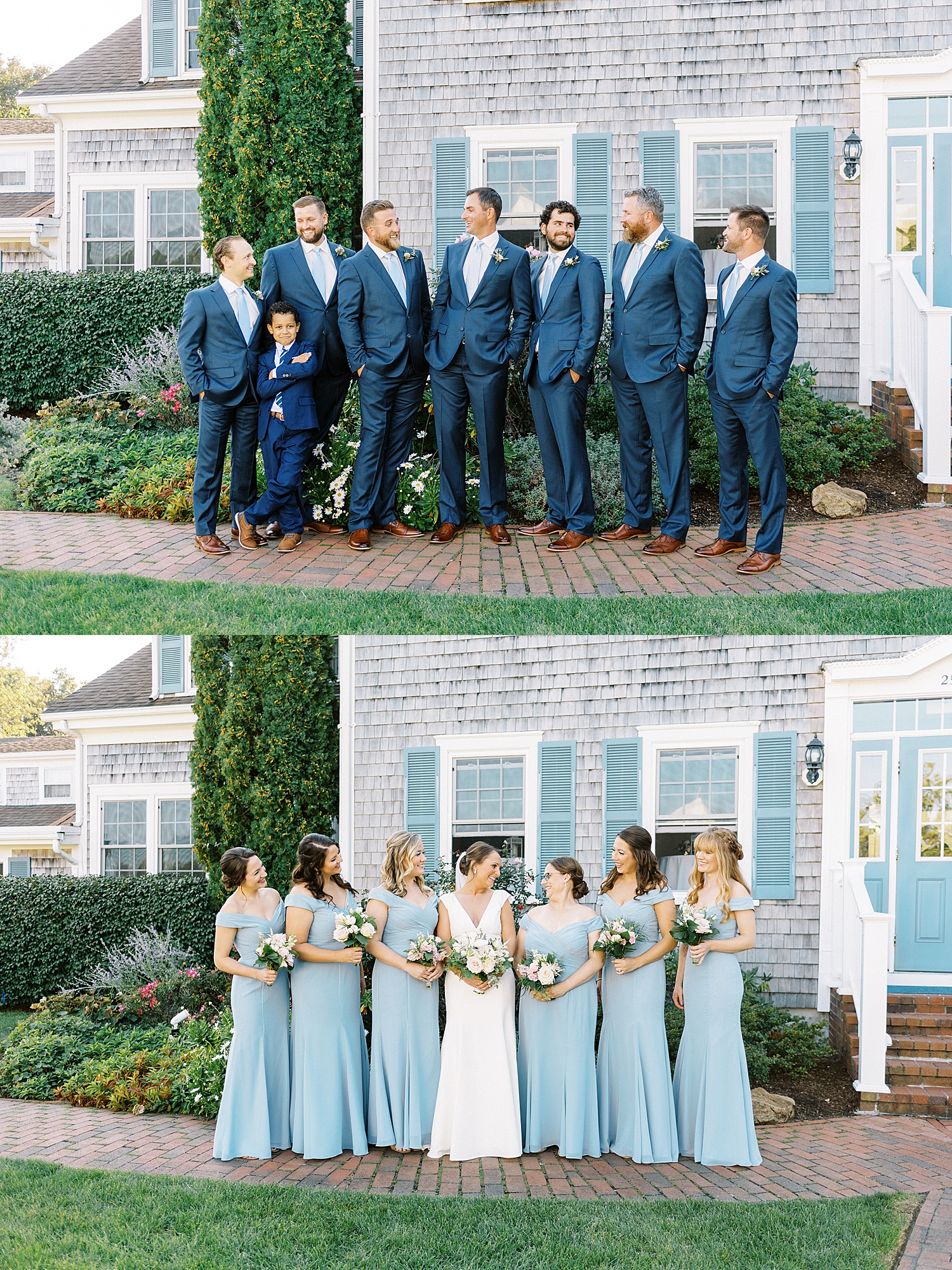 Bride and groom with their wedding parties in blue at their Dennis Inn Wedding