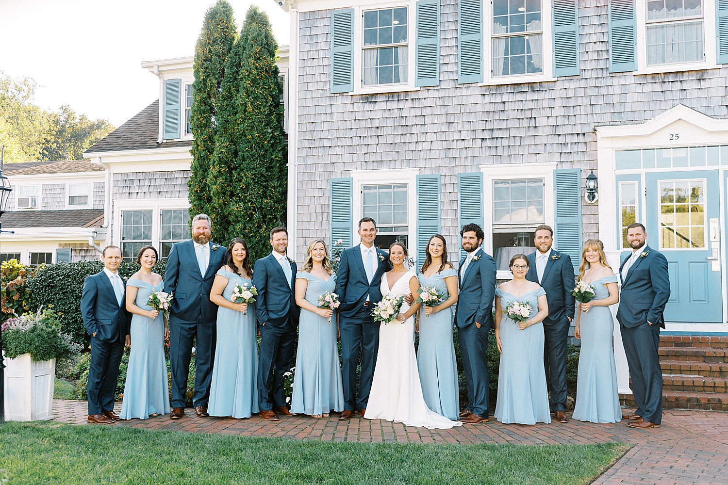 Wedding party in pale blue by Cape Cod wedding photographer Lynne Reznick