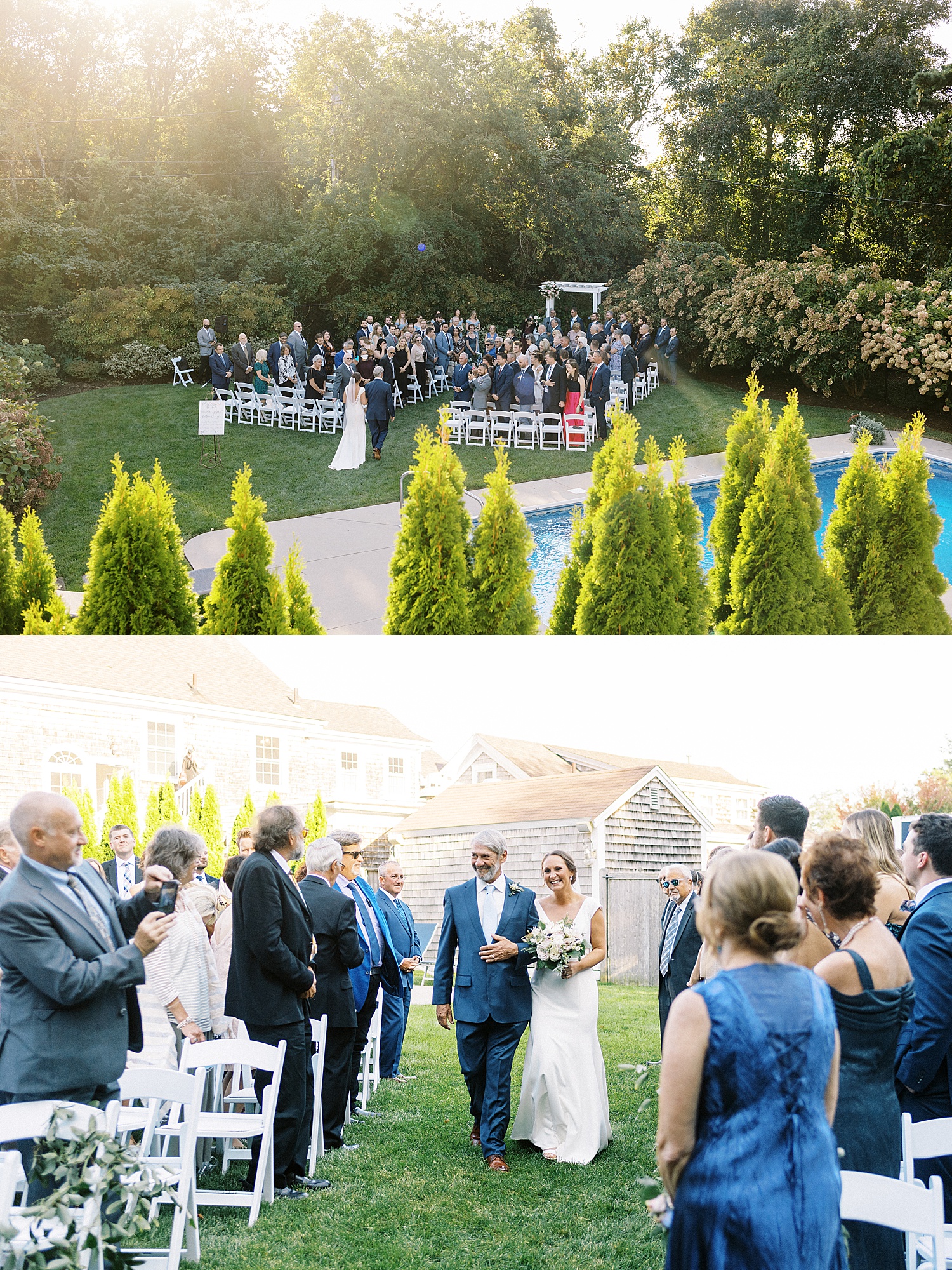 Outdoor wedding ceremony by pool by Cape Cod wedding photographer Lynne Reznick