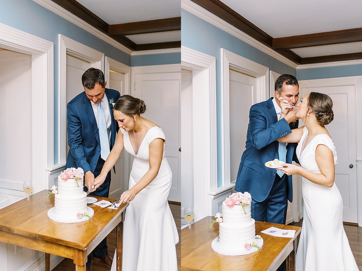 Newlyweds cut white cake at their reception by Cape Cod wedding photographer Lynne Reznick