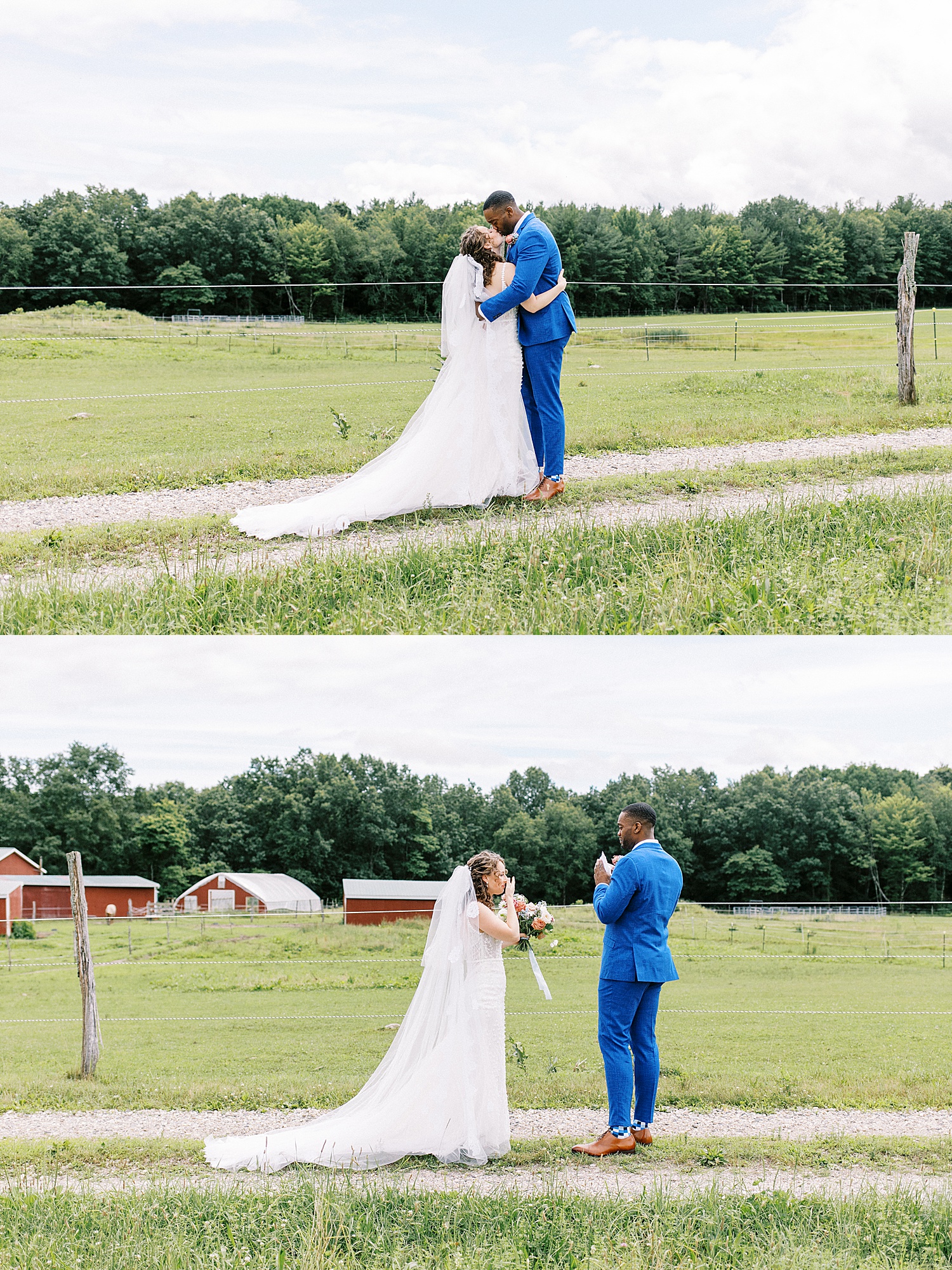 Bride and groom hugging in a field by a New York photographer