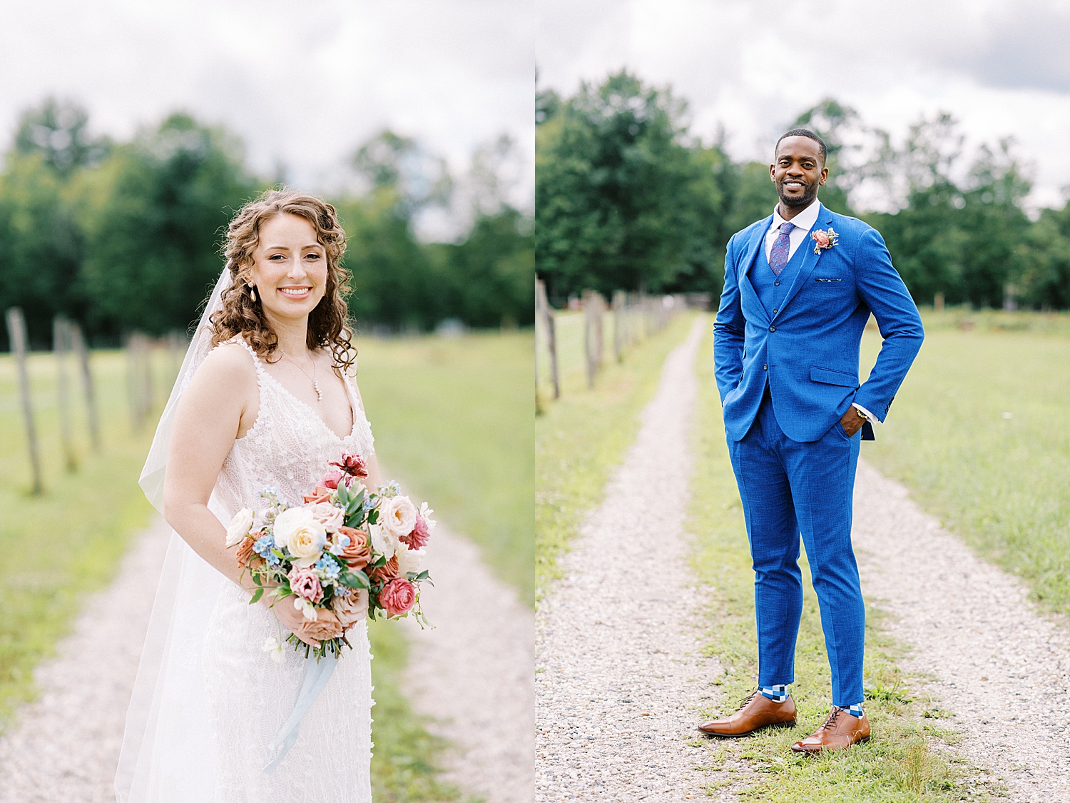 Bride in lace gown and groom in blue suit in a field by Lynne Reznick photography 