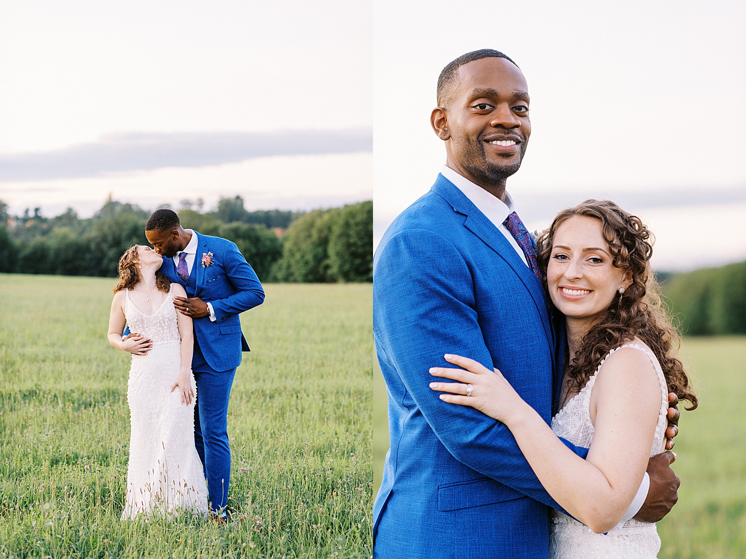 Bride and groom embracing in a field before their Valley View Farm wedding