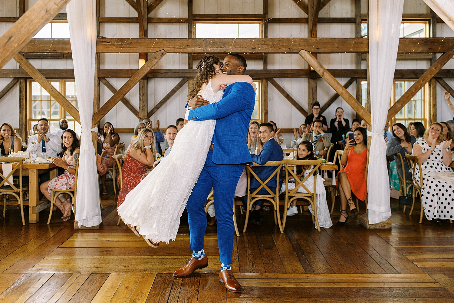 Newlyweds sharing a choreographed dance at their reception 