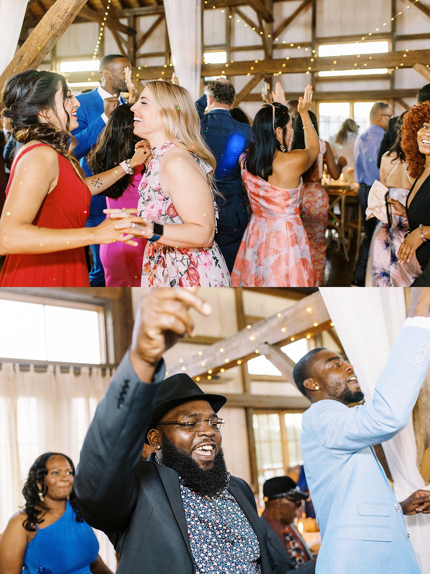 Guests dancing at rustic reception by Lynne Reznick Photography 