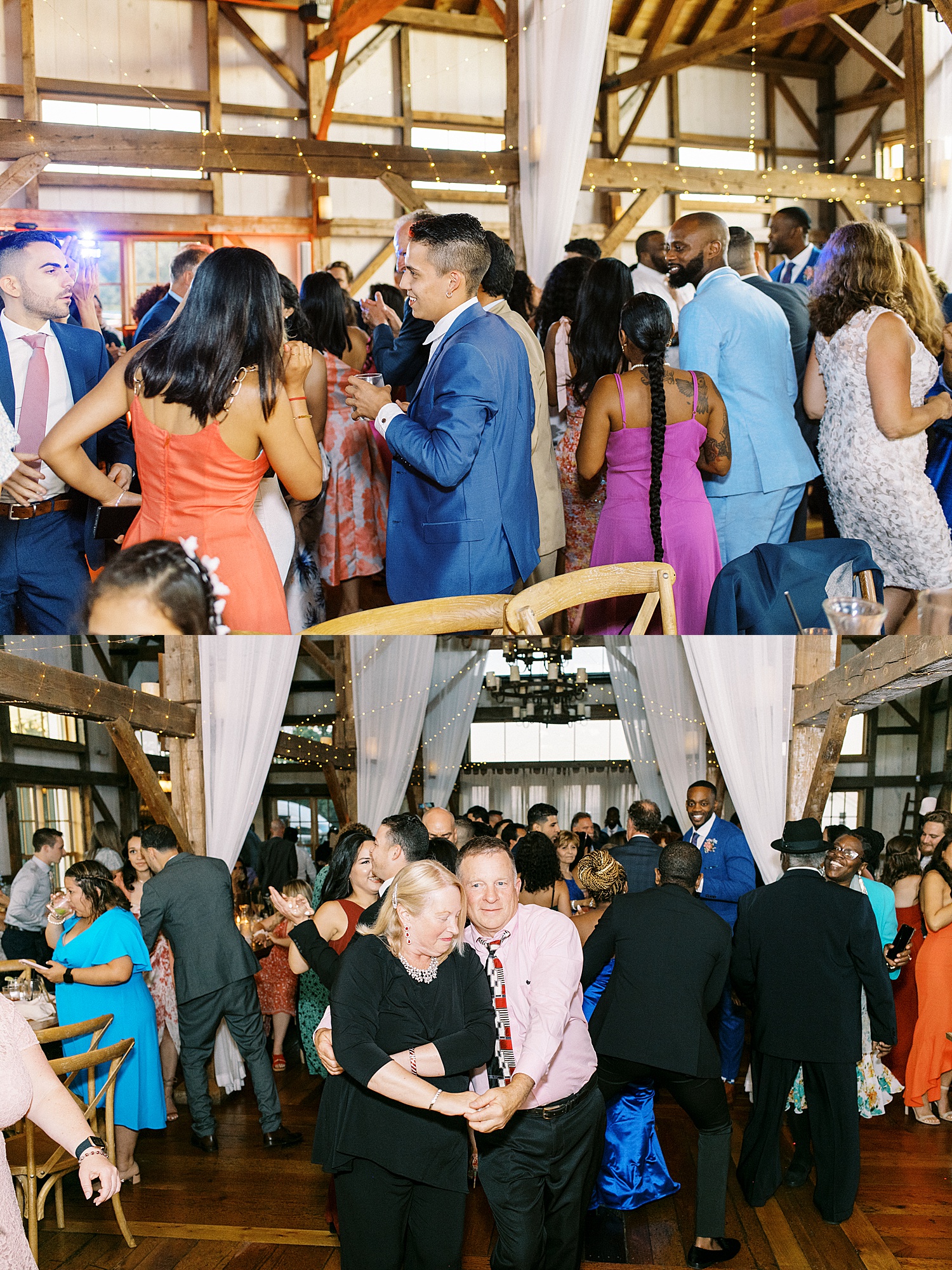 Guests dancing at rustic reception at for Valley View Farm wedding