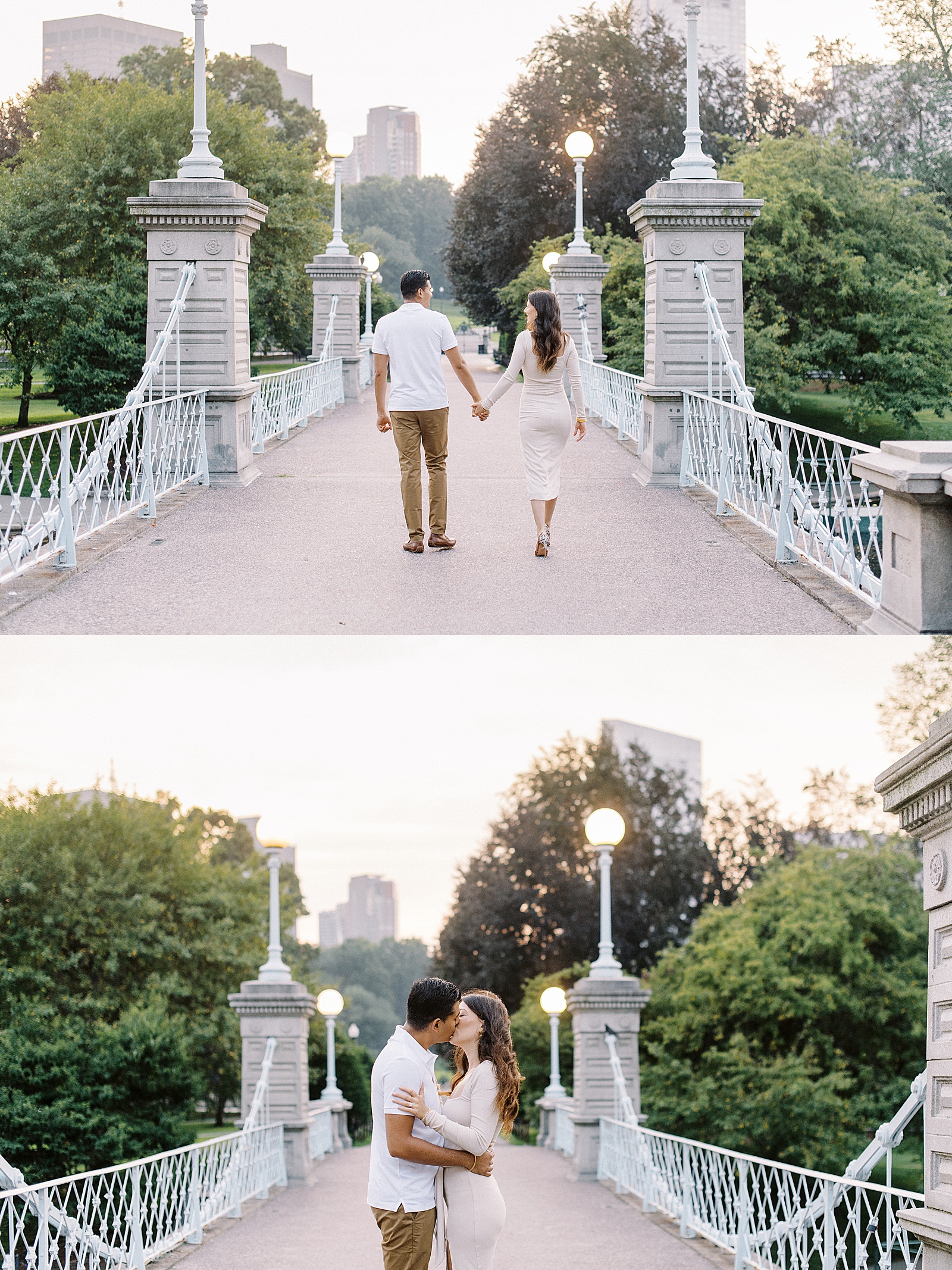 Man and woman in neutral clothes walking a bridge by Boston wedding photographer