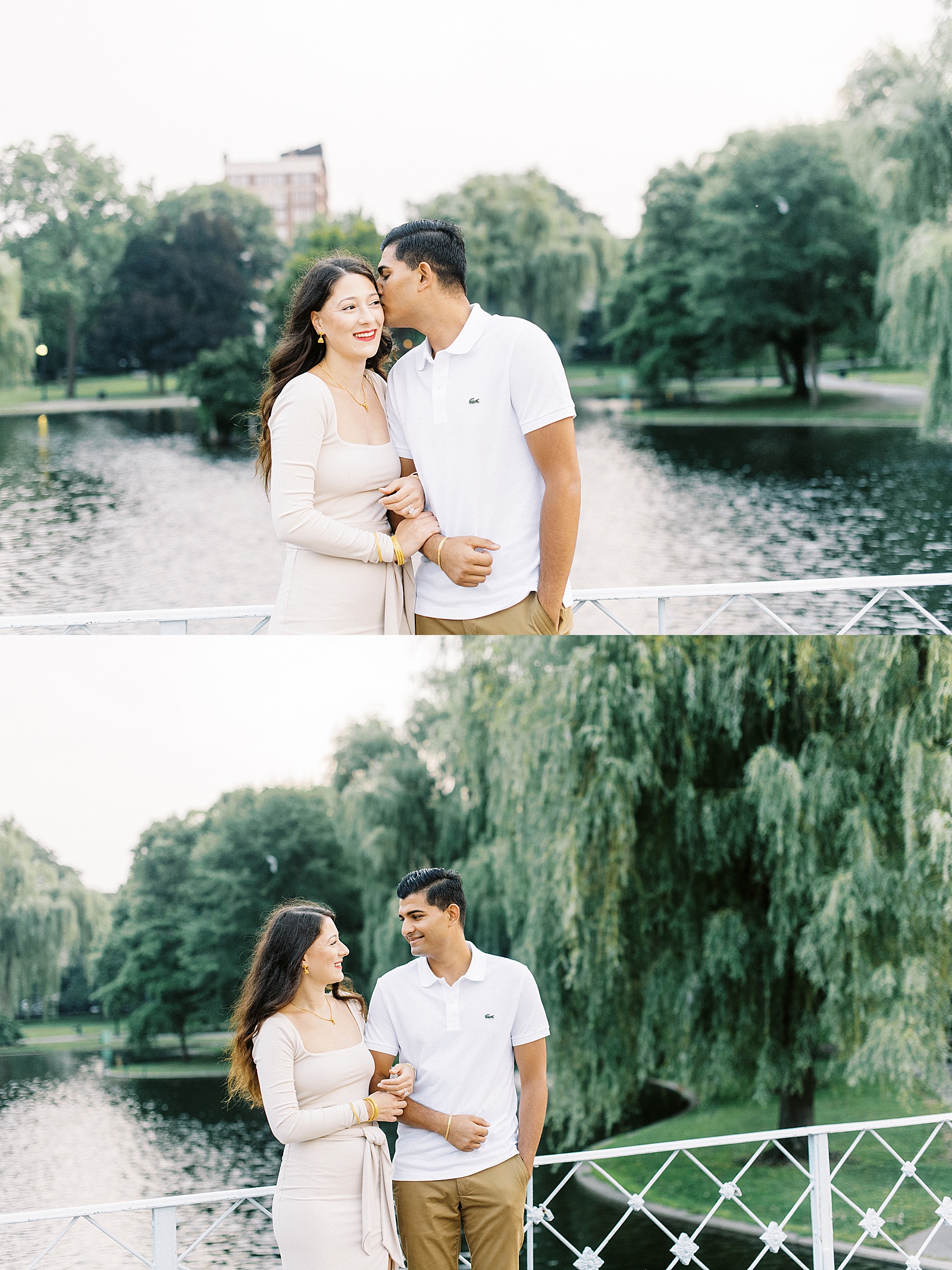 Man in polo whispering in fiancé's ear next to pond at public garden engagement session