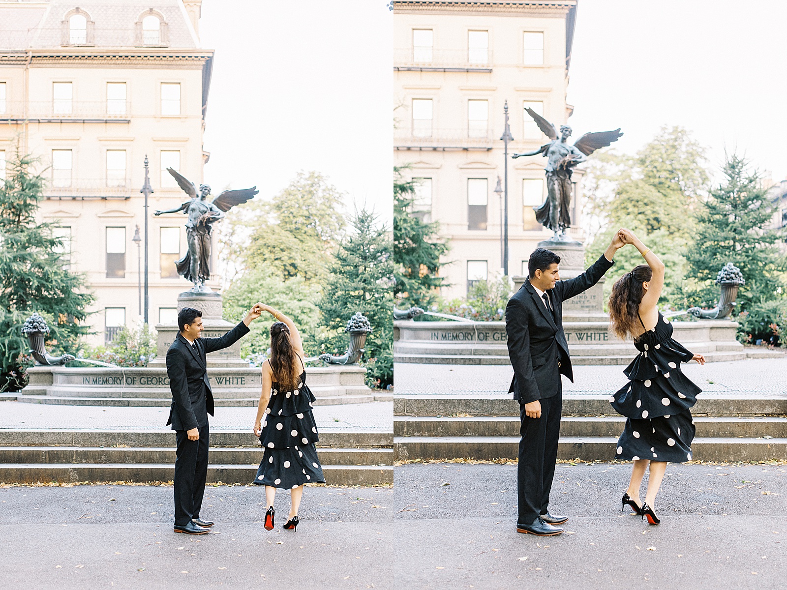 Man spinning woman in front of fountain by Boston wedding photographer