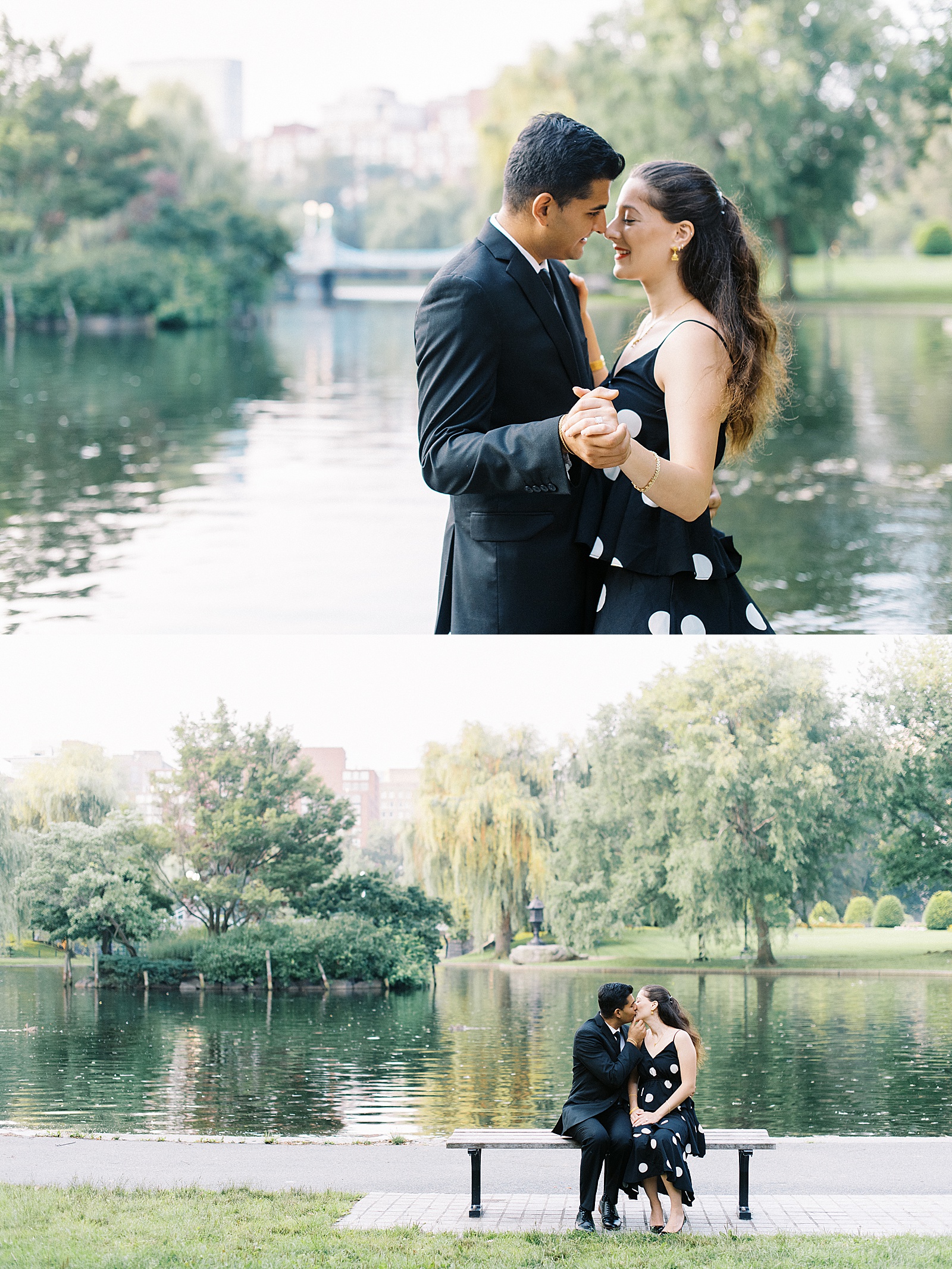 Engaged couple kissing on bench in front of pond by Boston wedding photographer