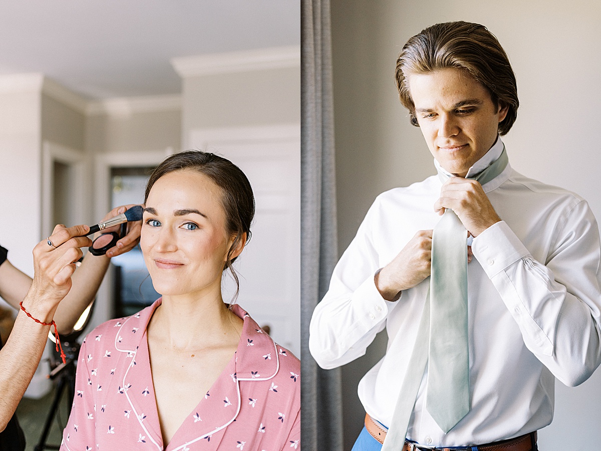 bride in pink pajamas gets makeup done and groom adjusts tie before Glen Magna farms wedding