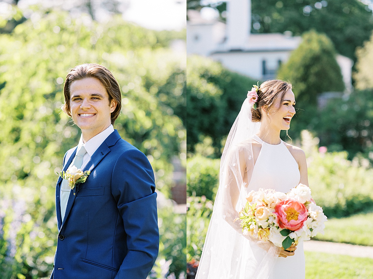 new england bride and groom pose in garden wedding shot by Lynne Reznick Photography