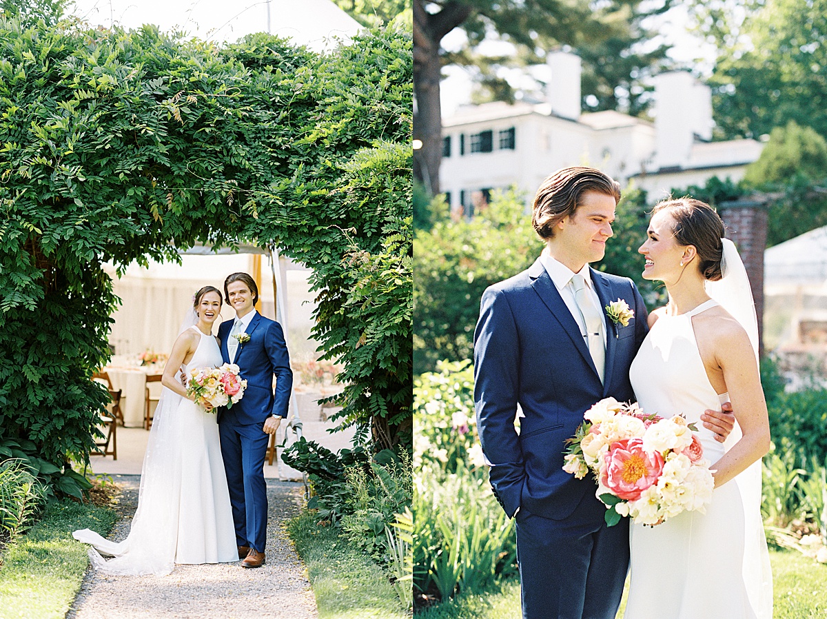 elegant new england bride and groom pose under trellis before ceremony shot by Lynne Reznick Photography
