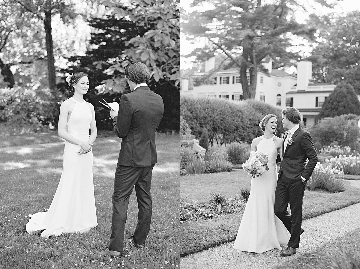 elegant bride and groom wander new england garden venue before wedding shot by Lynne Reznick Photography