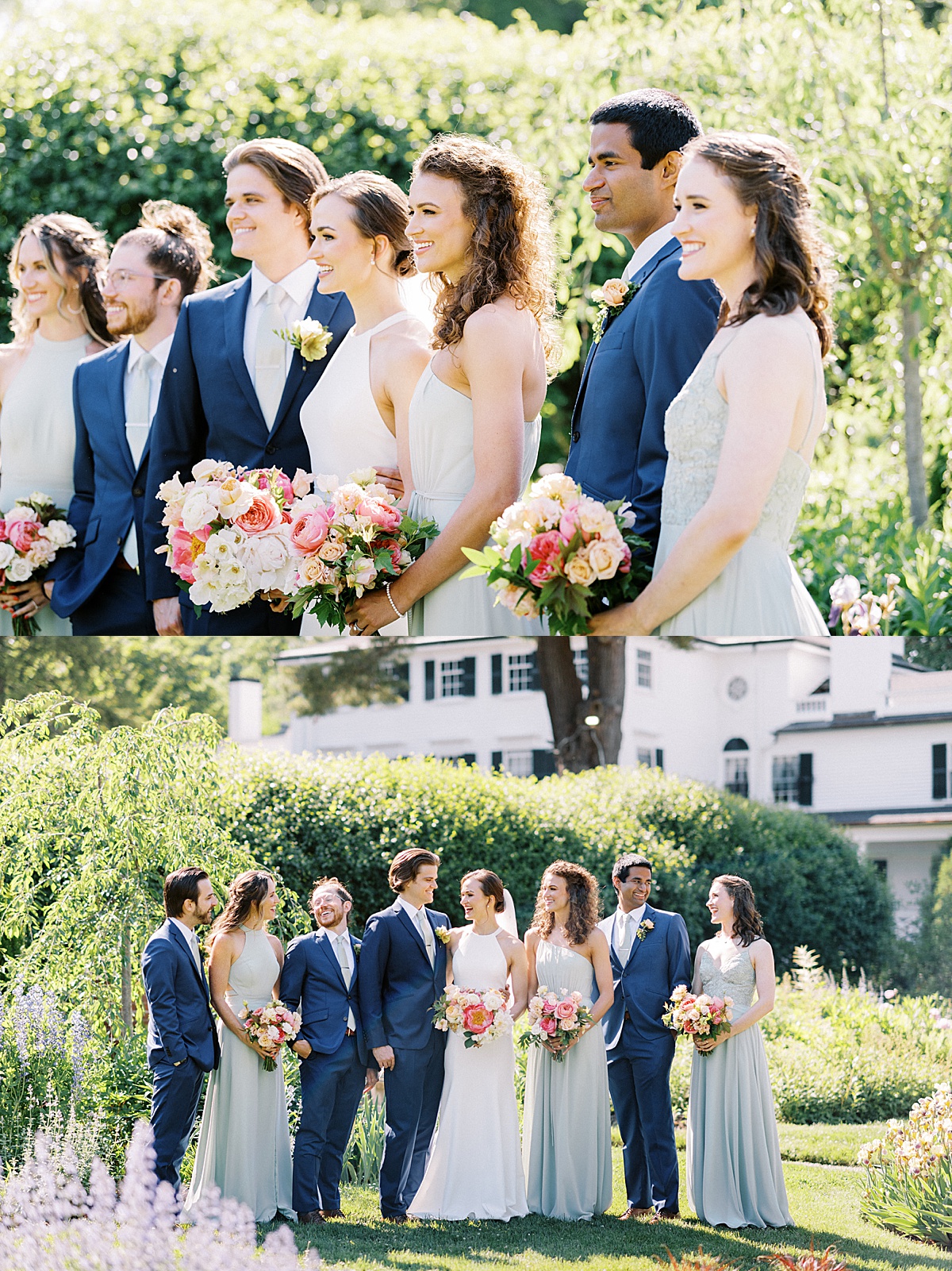 wedding party in blue suits and pale green dresses pose in garden before ceremony shot by Massachusetts wedding photographer