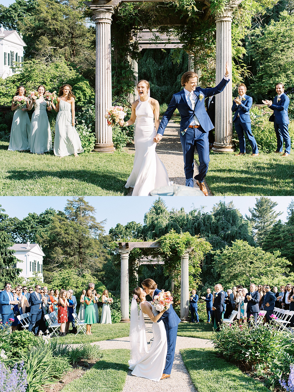 bride and groom celebrate as the walk the aisle after garden ceremony shot by Massachusetts wedding photographer