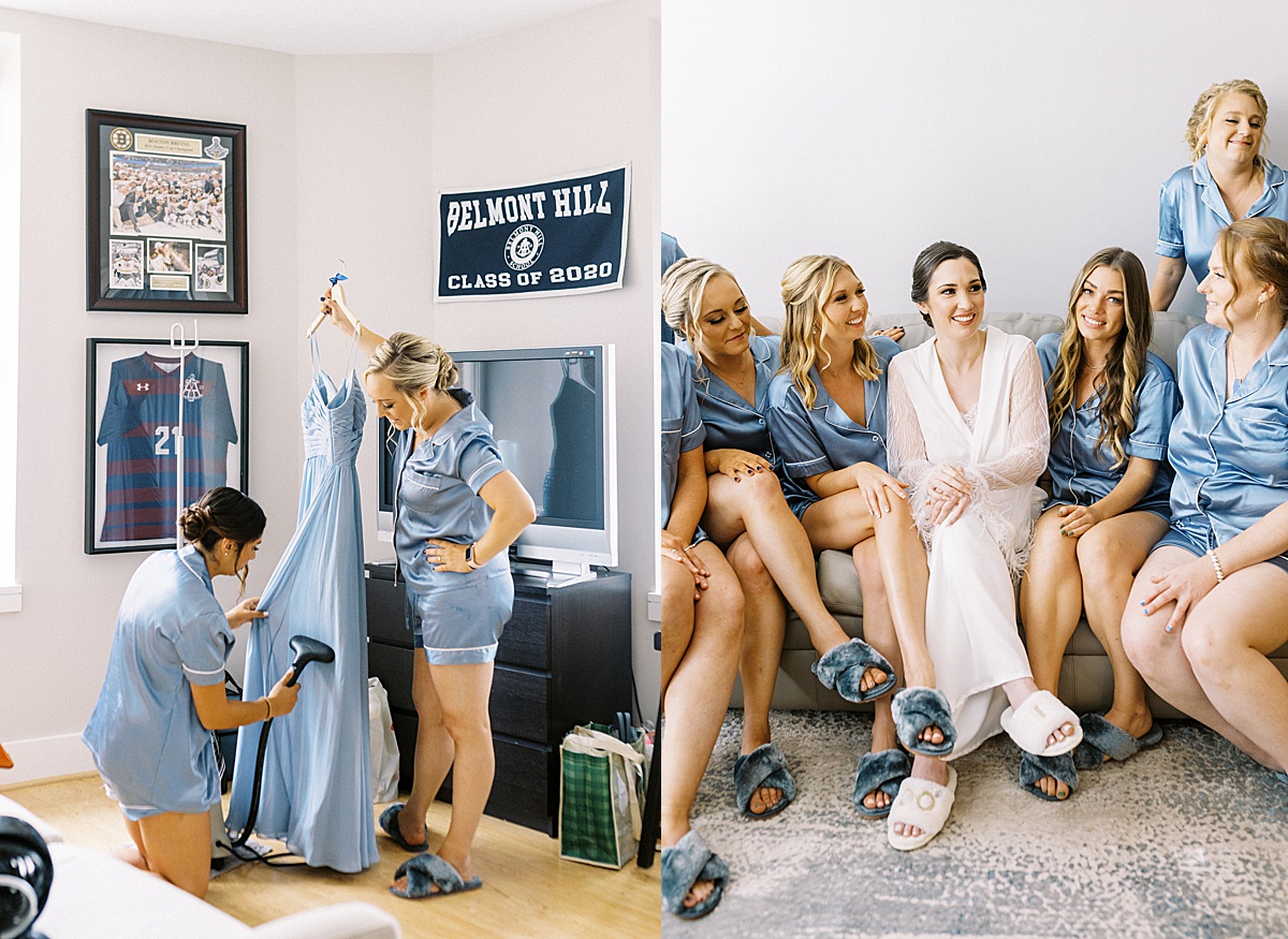 bride and bridesmaids in light blue pajamas get ready before nautical oceanview wedding