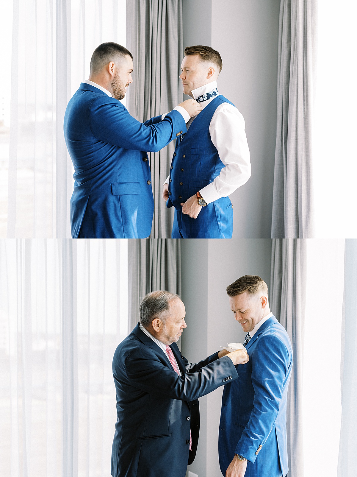 best man and father of the groom help him get ready in blue suit before nautical oceanview wedding