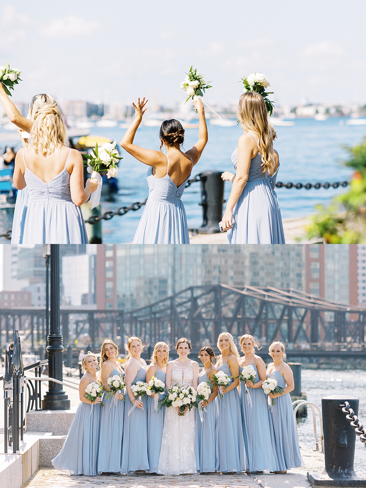 bridesmaids in pale blue with white flowers join bride in lace gown on Boston pier before nautical oceanview wedding
